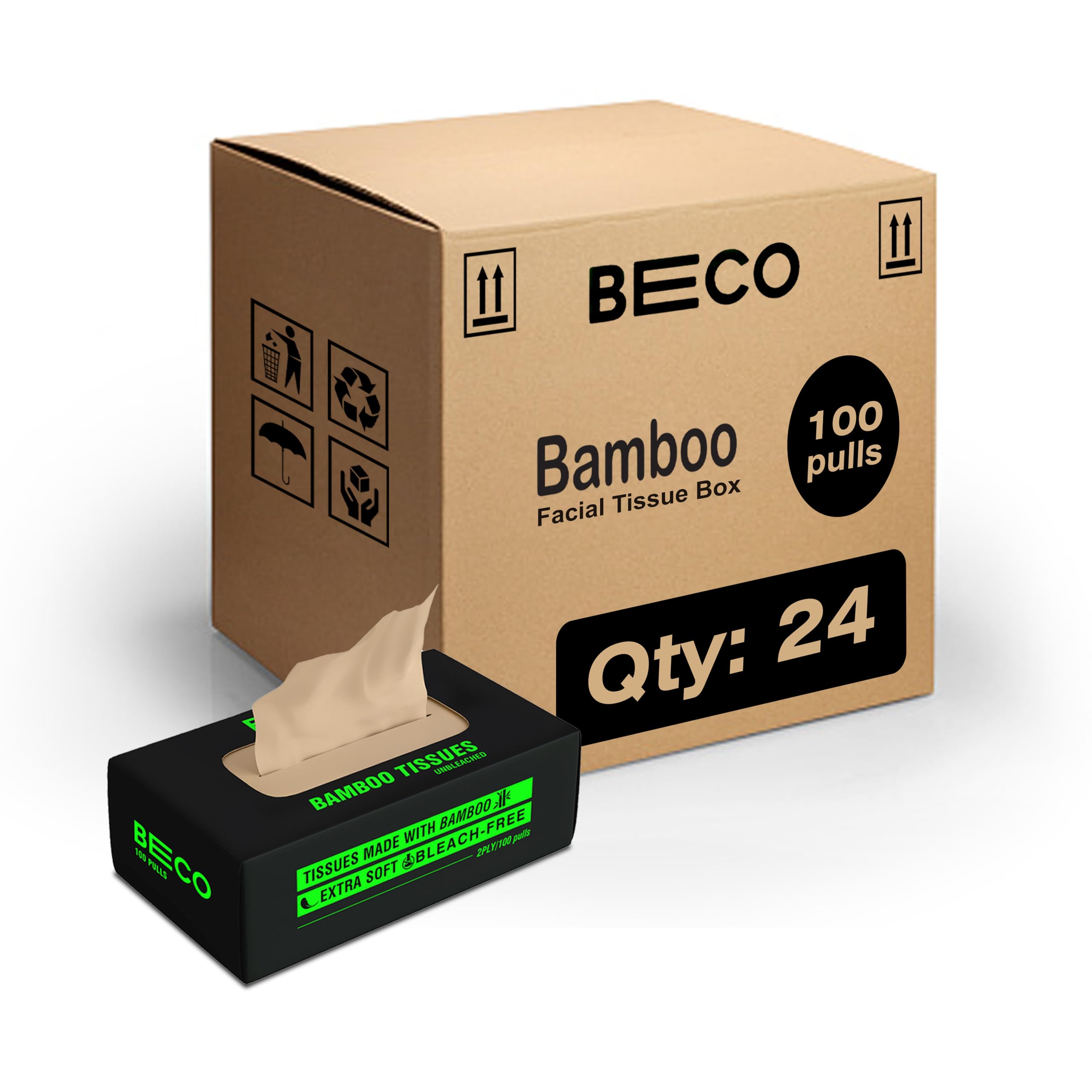 Beco Bamboo Super Soft 2-ply Car Tissue Box| Facial Tissue-100 pulls x 24 Packs (2400 Pulls) | 100% Natural & Ecofriendly