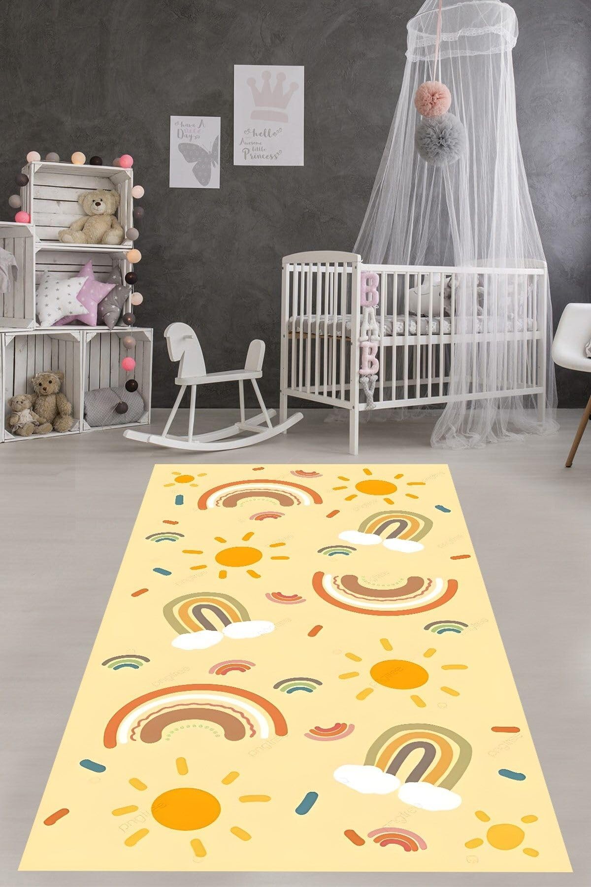 Pelangi Gökkuşağı Bohem İskandinav Tarzı Yıkanabilir Kaymaz Taban Leke Tutmaz Çocuk Odası Halısı, Sarı-Turuncu-Bej 180 x 250, 7642010818025005