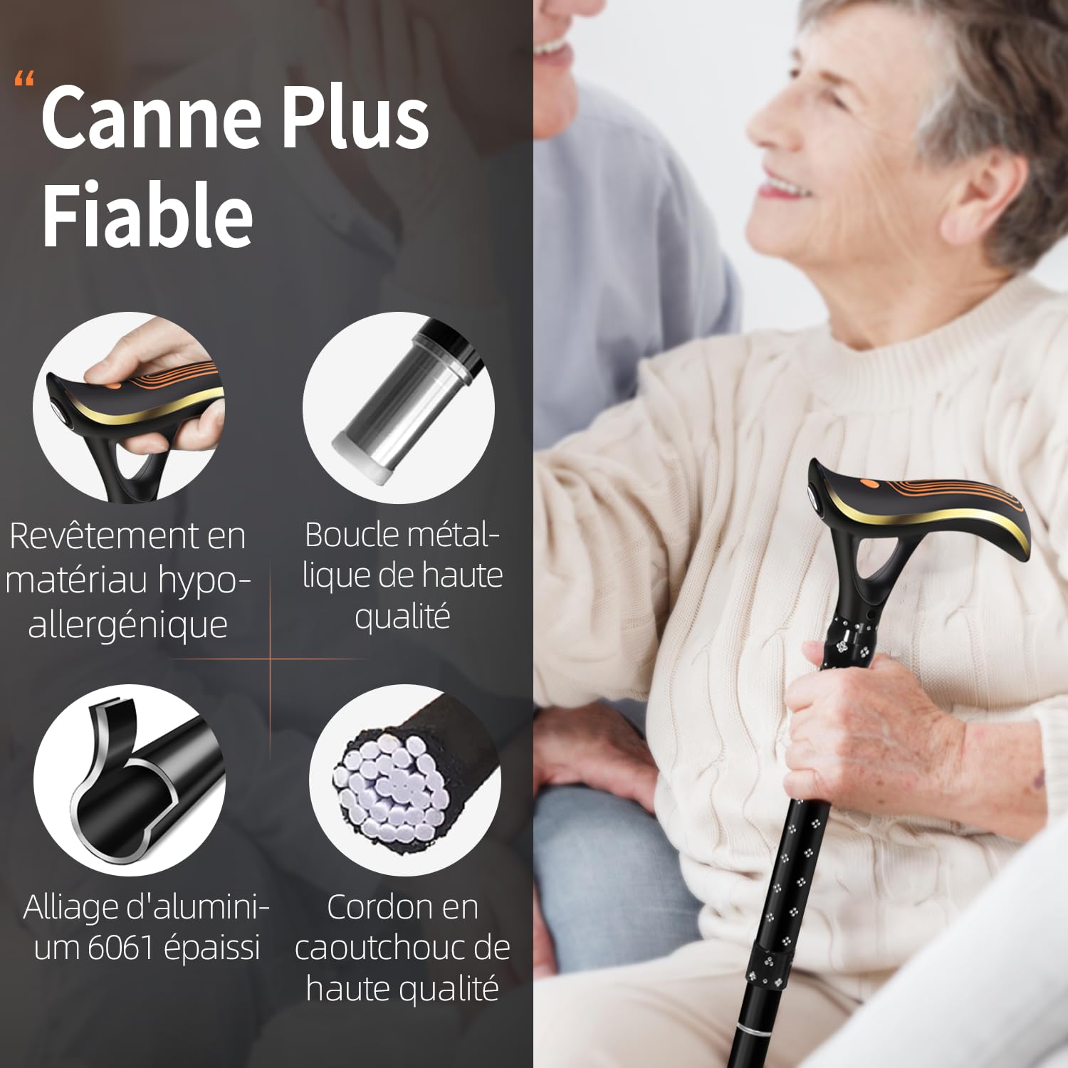 Canne de marche pliable multifonctionnelle avec lumière, canne de marche tendance pour homme et femme, canne de marche réglable pour personnes âgées, charge directe USB, légère et portable