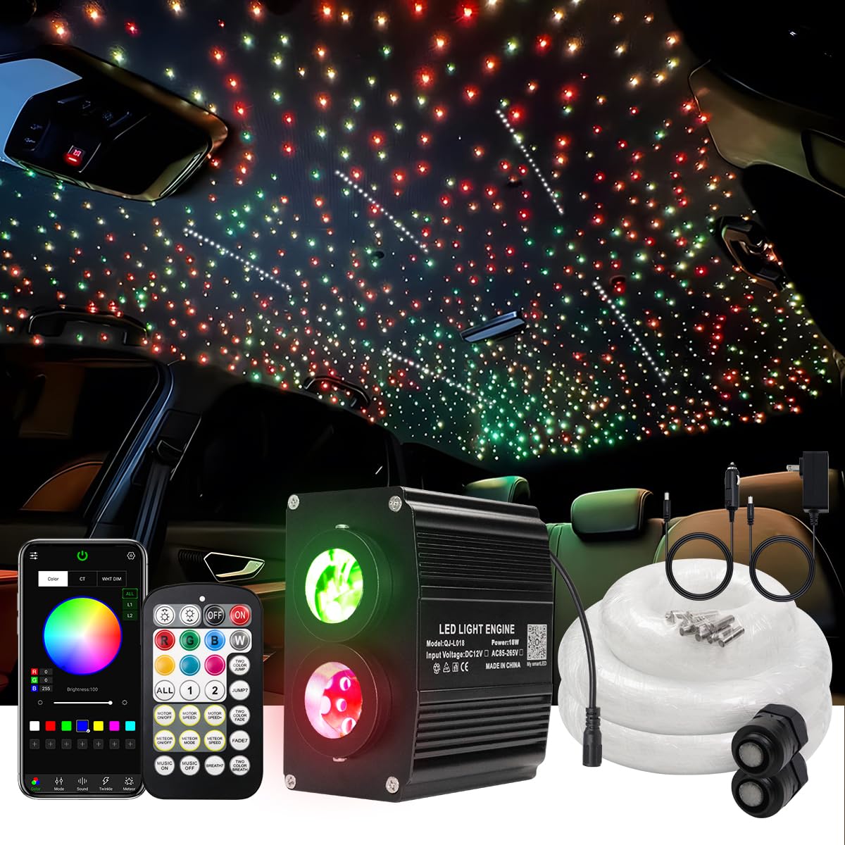 AKEPO Different Color 18W Twinkle+Shooting Star All-in-1 Fiber Optic Starlight Headliner Kits, 600pcs*0.03in*9.8ft+240pcs Meteor Fibers Car Home Remote/APP Music Activated Optic Fiber Star Lights