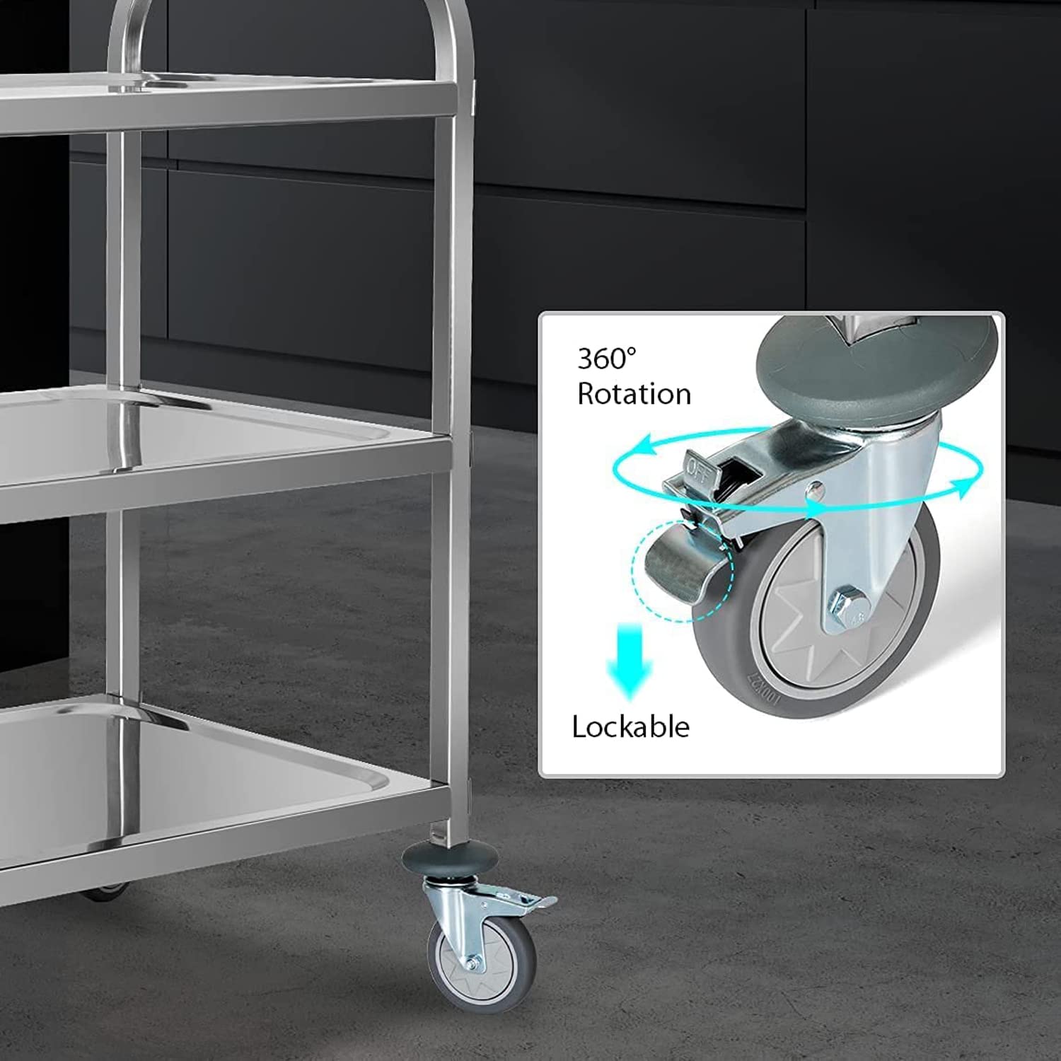 carrello da cucina a 3 ripiani, in acciaio inox, 950 x 950 x 500 mm, multiuso, con ruote e freno, per hotel, ristoranti, cucine, camere