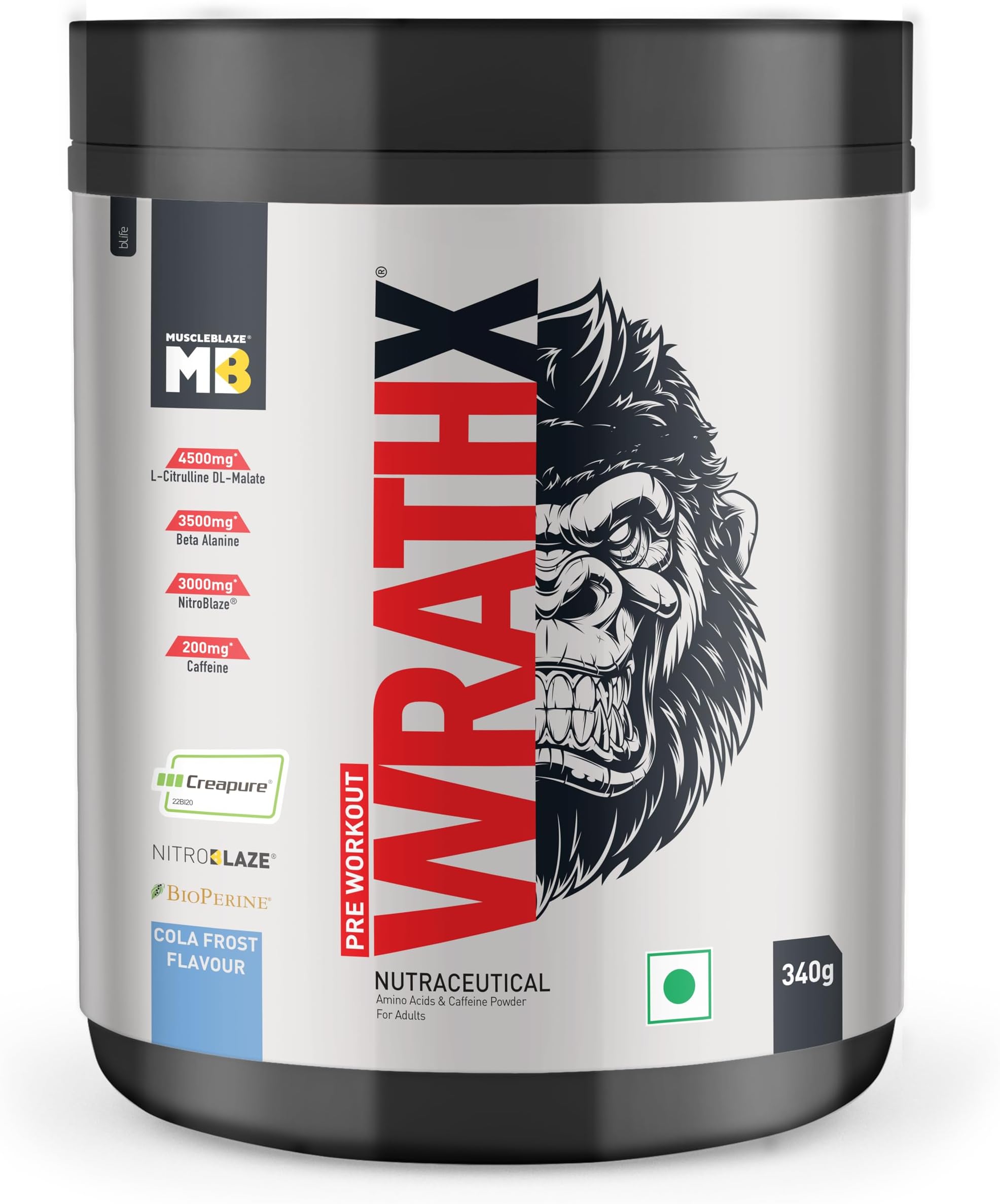 MuscleBlaze Pre Workout Wrathx Powder, Cola Frost (20 Servings, 340g) | With Creapure, NitroBlaze & BioPerine