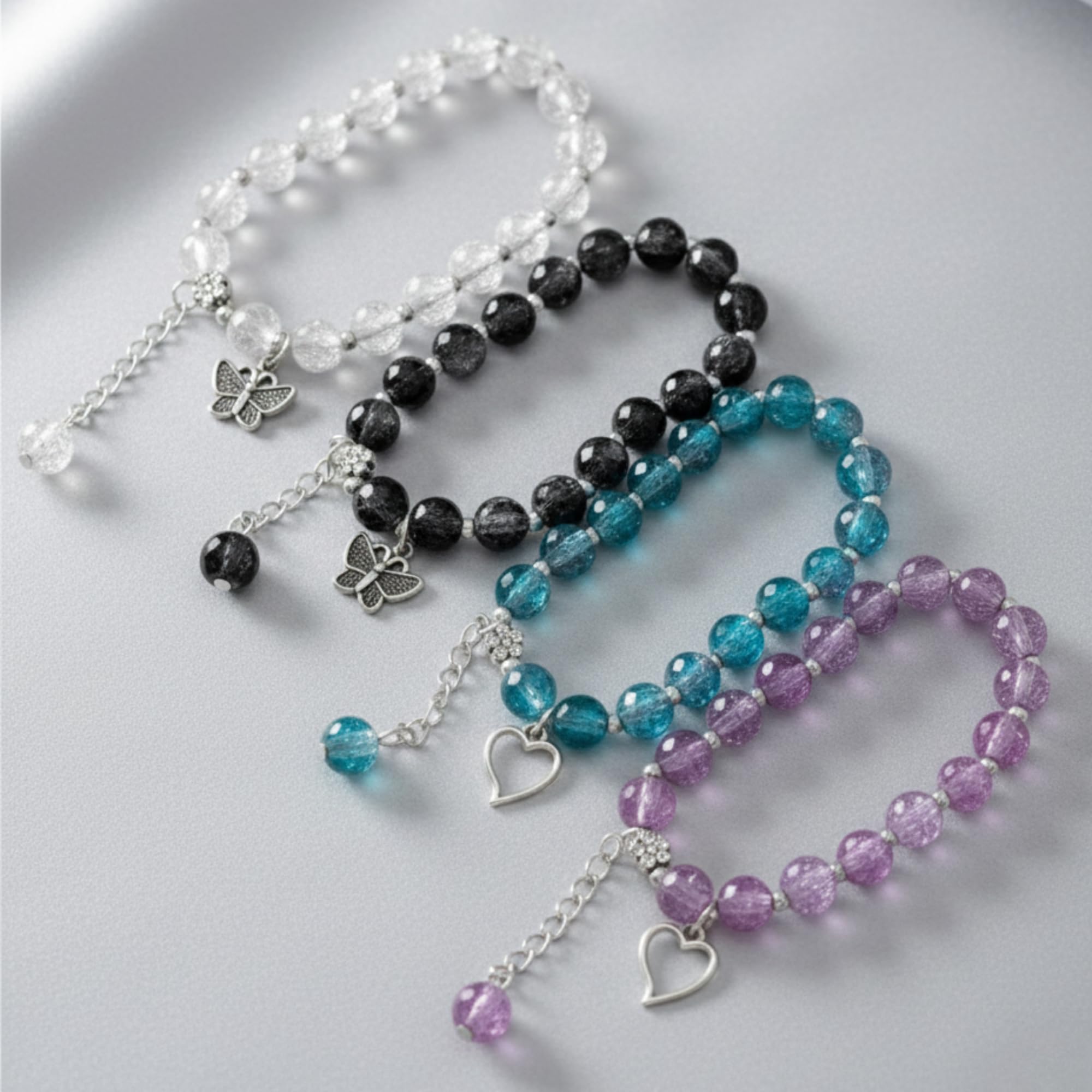 Crystal Beads Bracelet Set for Women Girls, Pack of 4 Adjustable Charm Bracelets with Butterfly Heart Charms, Clear White Black Sky Blue Purple-image-41