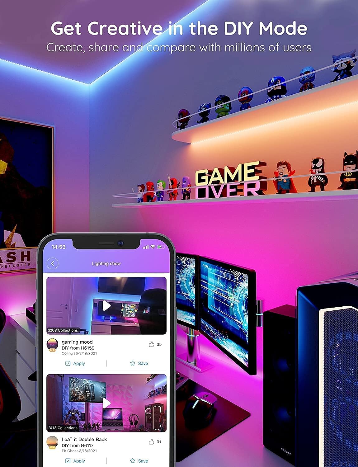 Govee Smart WiFi LED Strip Lights, 32.8ft LED Lights Work with Alexa, Google Assistant, Enhanced Music Sync, App Controlled RGB Strip Lighting for Bedroom, Living Room, Kitchen, TV, Party