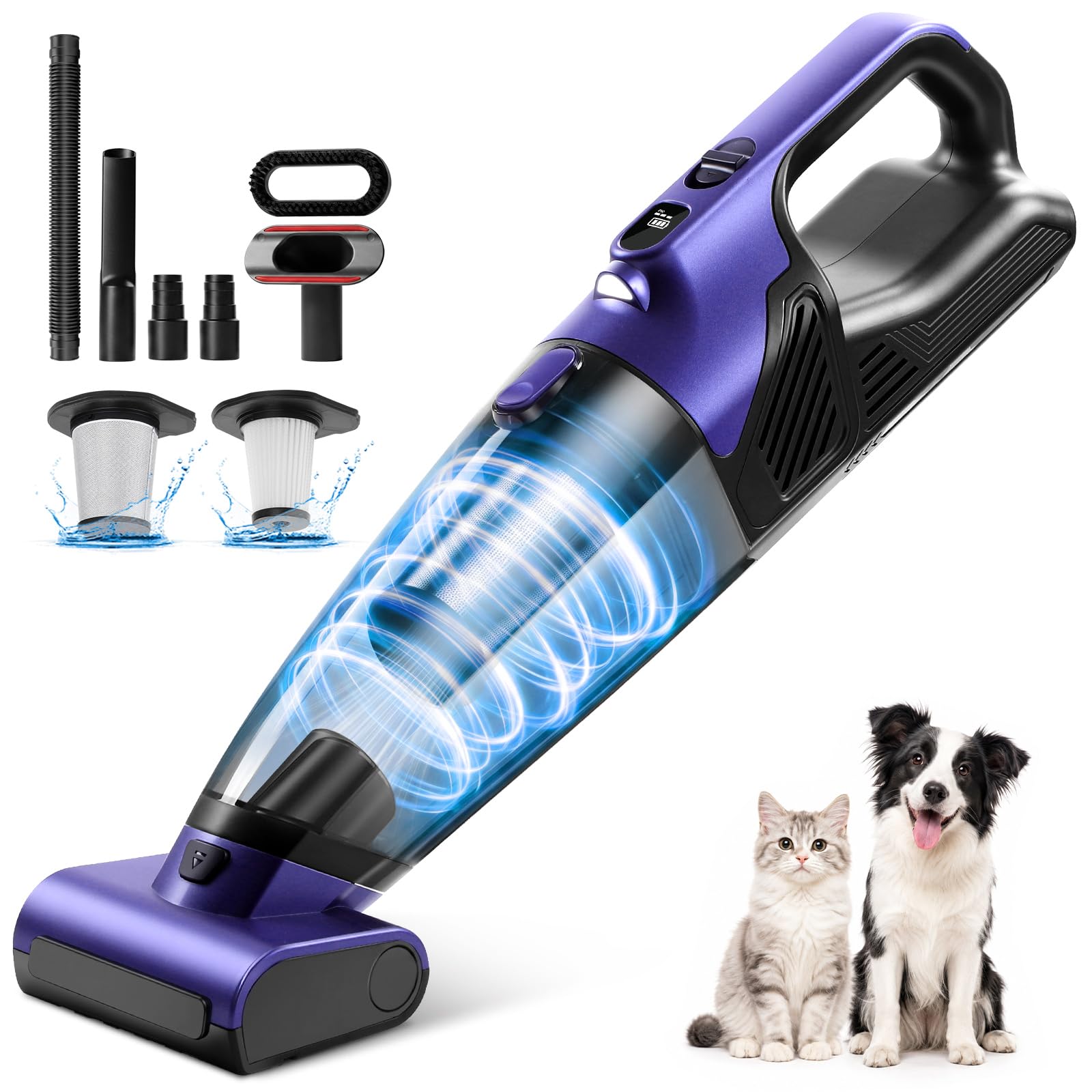 Tierhaar Handstaubsauger Akku 28000Pa mit Rotierende Bürstenrolle&LED Licht | Stark Autostaubsauger Kabellos mit 10400mAh, 720ml, 2 Saugstufen, HEPA+Metallfilter für Haustiere, Sofa, Teppich, Büro