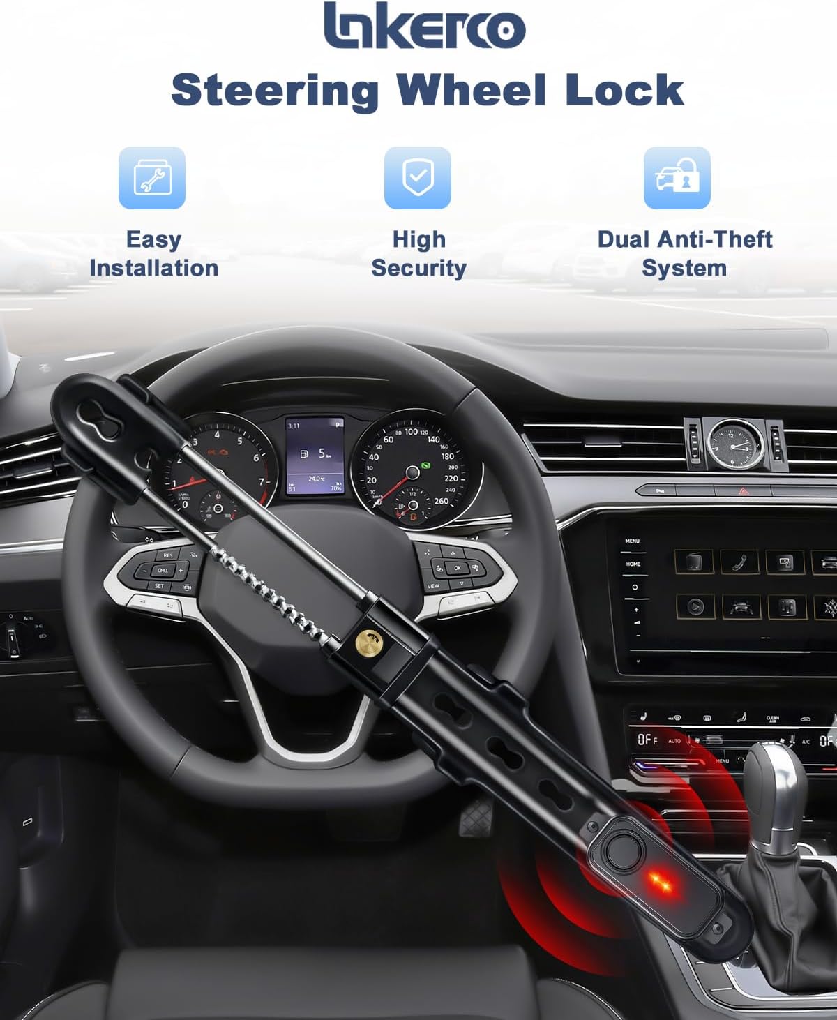 Car Steering Wheel Lock with 113dB Loud Alarm, 2 Keys + Wireless Remote Anti-Theft, Universal Fit for Cars, SUVs, Trucks, Anti-Pry Anti-Saw Vehicle Security Device