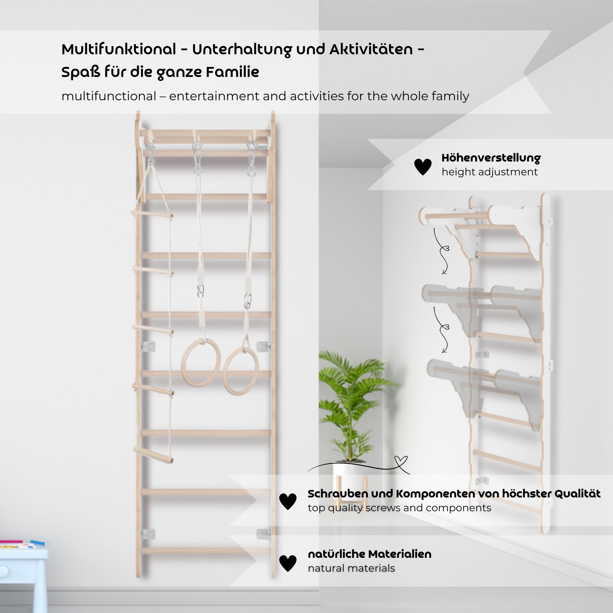 Barra de gimnasia para niños (210 cm), escalera de madera montada en la pared, anillos de gimnasia, esterilla protectora, cuerda de escalada, 100% ecológico, fabricado