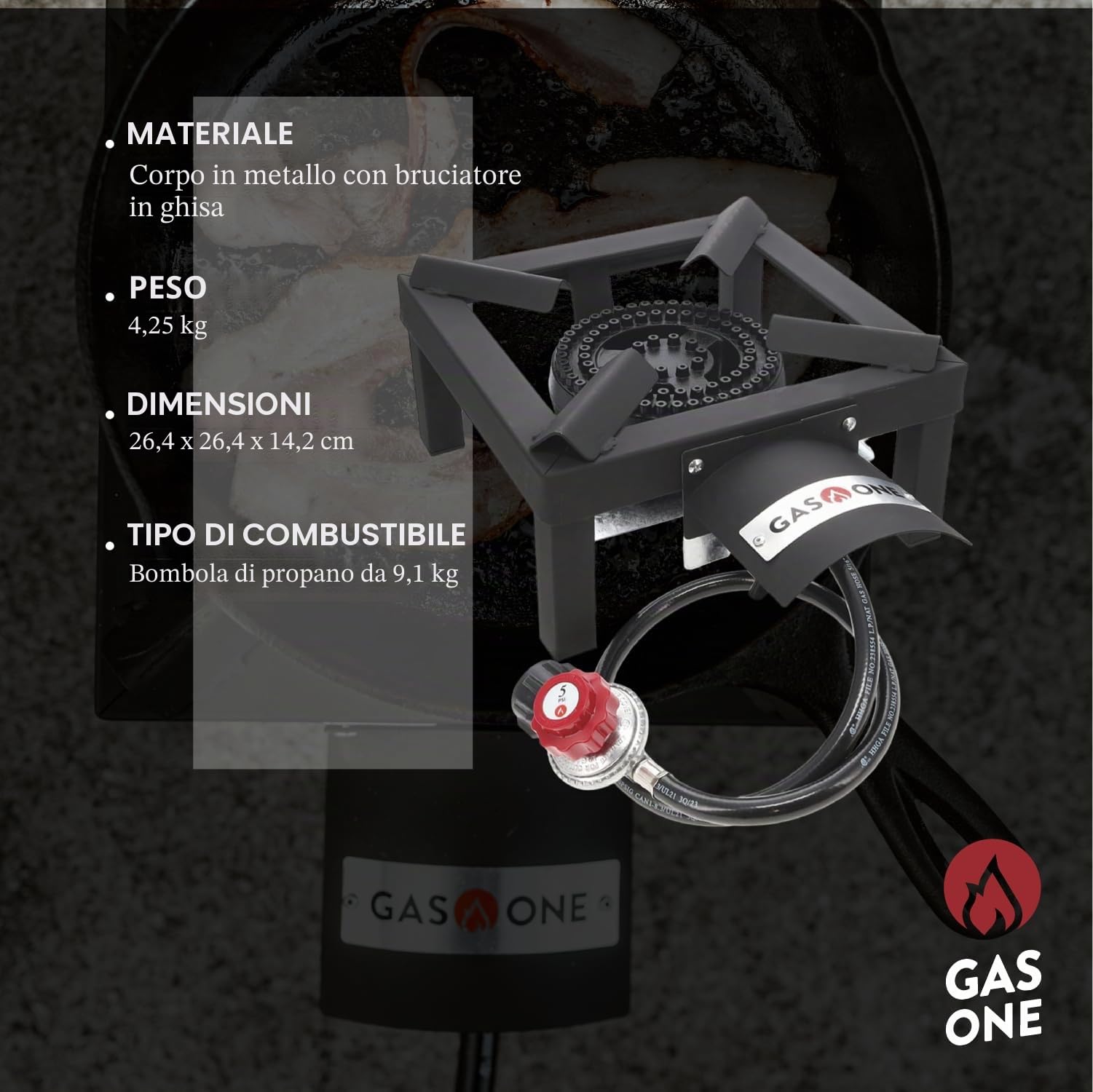 GasOne Bruciatore singolo a propano – Bruciatori a propano per cucinare all'aperto con scudo termico e protezione, tubo intrecciato in acciaio – testa bruciatore a propano ad alta potenza per