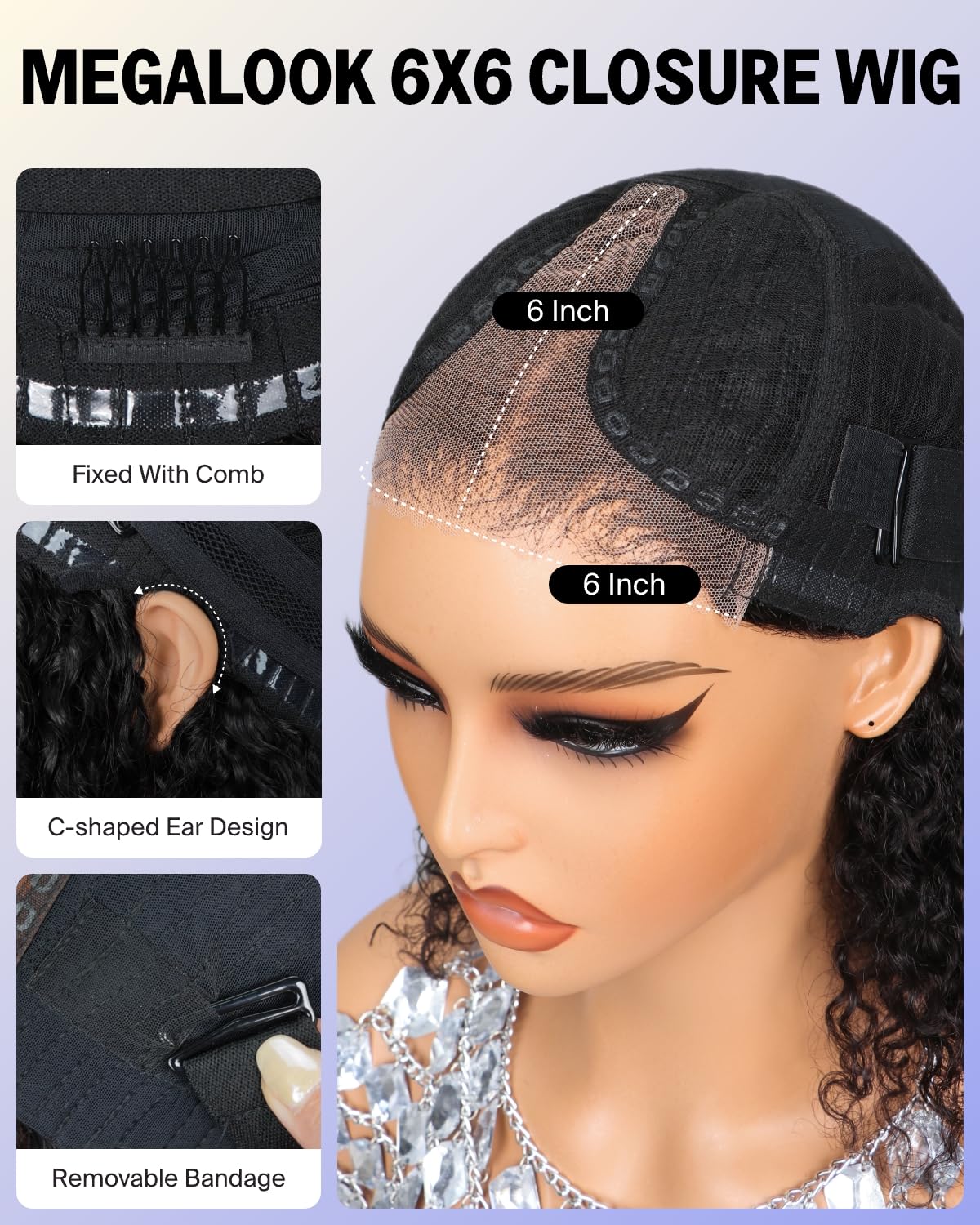 MEGALOOK Wear and Go Glueless Curly Bob Wig Human Hair 6X6 HD Lace Closure Pre Cut Lace Front Wig Pre Plucked Bleached Knots 10 Inch - Image 4