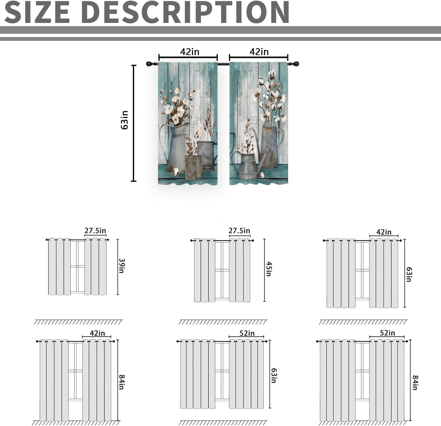 Farmhouse Teal Curtains Floral Turquoise Aqua Flower Rustic Vintage Retro Country Antique Art 42W x 63L Inches Rod Pocket for Bedroom Living Dining Room Window Drapes Treatment Fabric 2 Panels