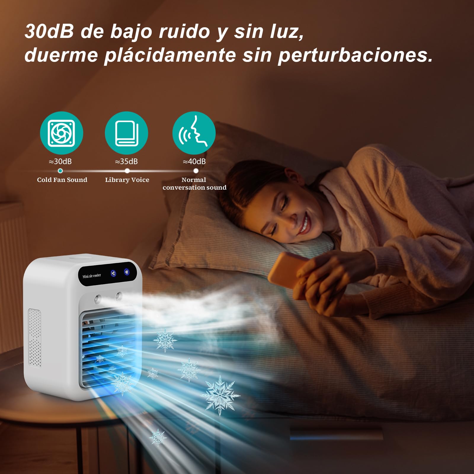 Aire Acondicionado Portatil, Mini USB Ventilador, Enfriador de Aire, Aire Humidificador Portátil Silencioso, 2Velocidades de Ventilador, 2 Modos de Nebulización, Adecuado para Hogar, Oficina