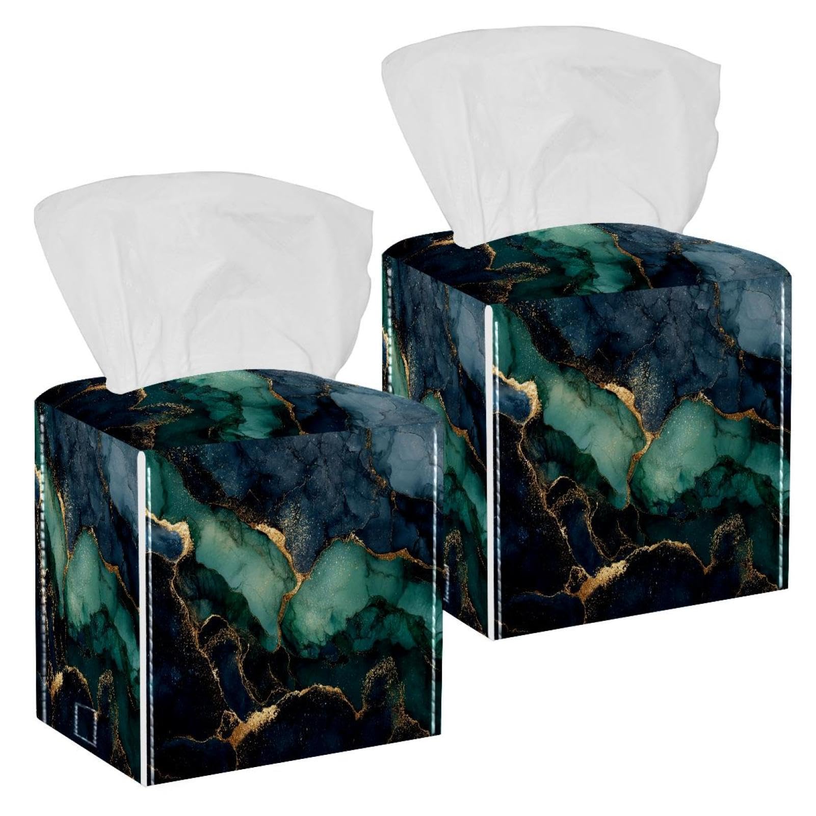 Marble Texture Tissue Box Cover, 2 Pack PU Leather Square Facial Tissue Dispenser Box holder for Home Office Car