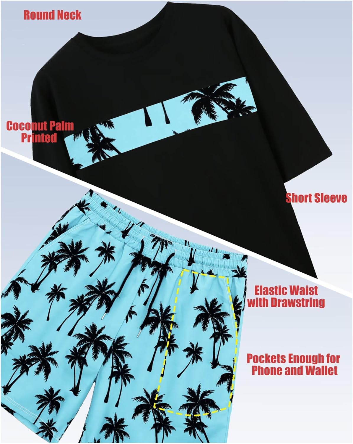 VahRuta Mens 2 Piece Summer Outfits Beach Vacation Outfit Hawaiian Coconut Printed Tee and shorts Set - Image 4