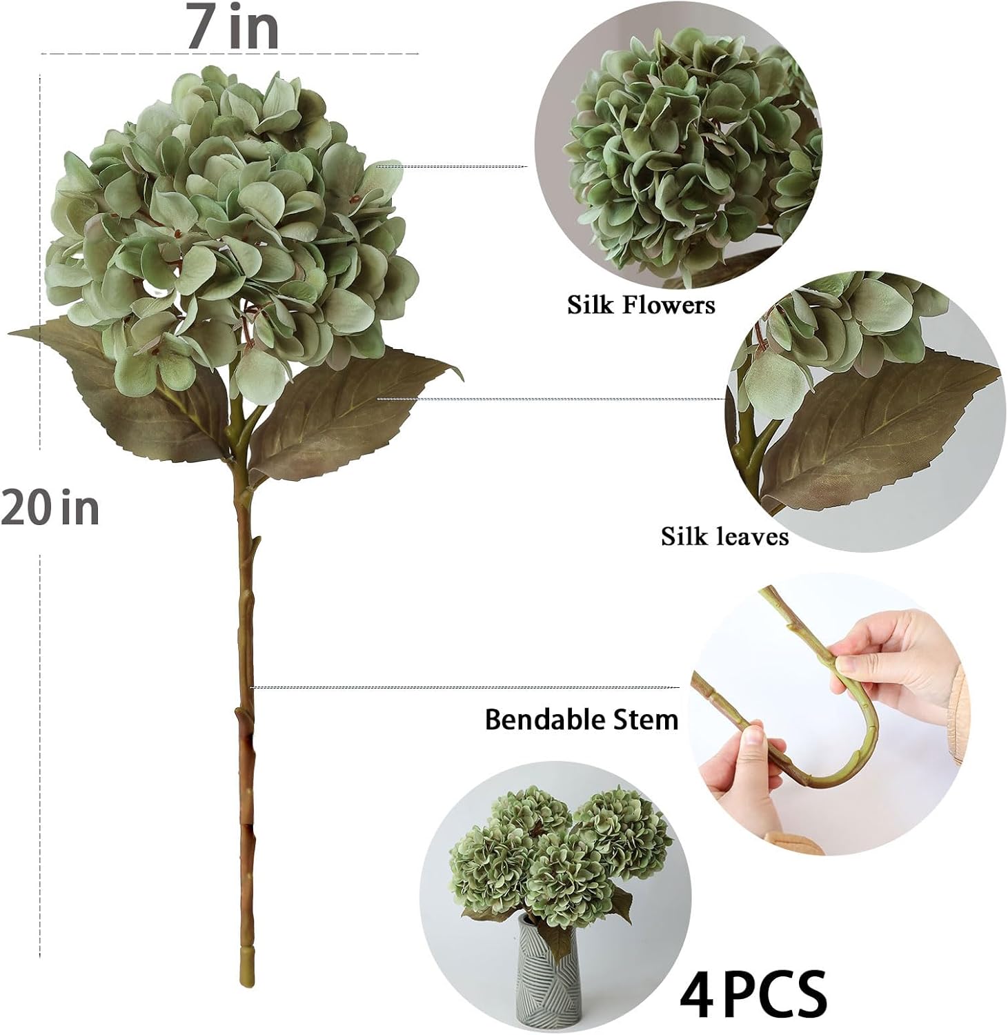 mizii 4Pcs Green Artificial Hydrangea Flowers Large Fake Silk Hydrangea Flower with Leaves Stems Realistic Faux Hydrangeas Decorations for Wedding Table Centerpieces Vase Home Decor (Green) - Image 2