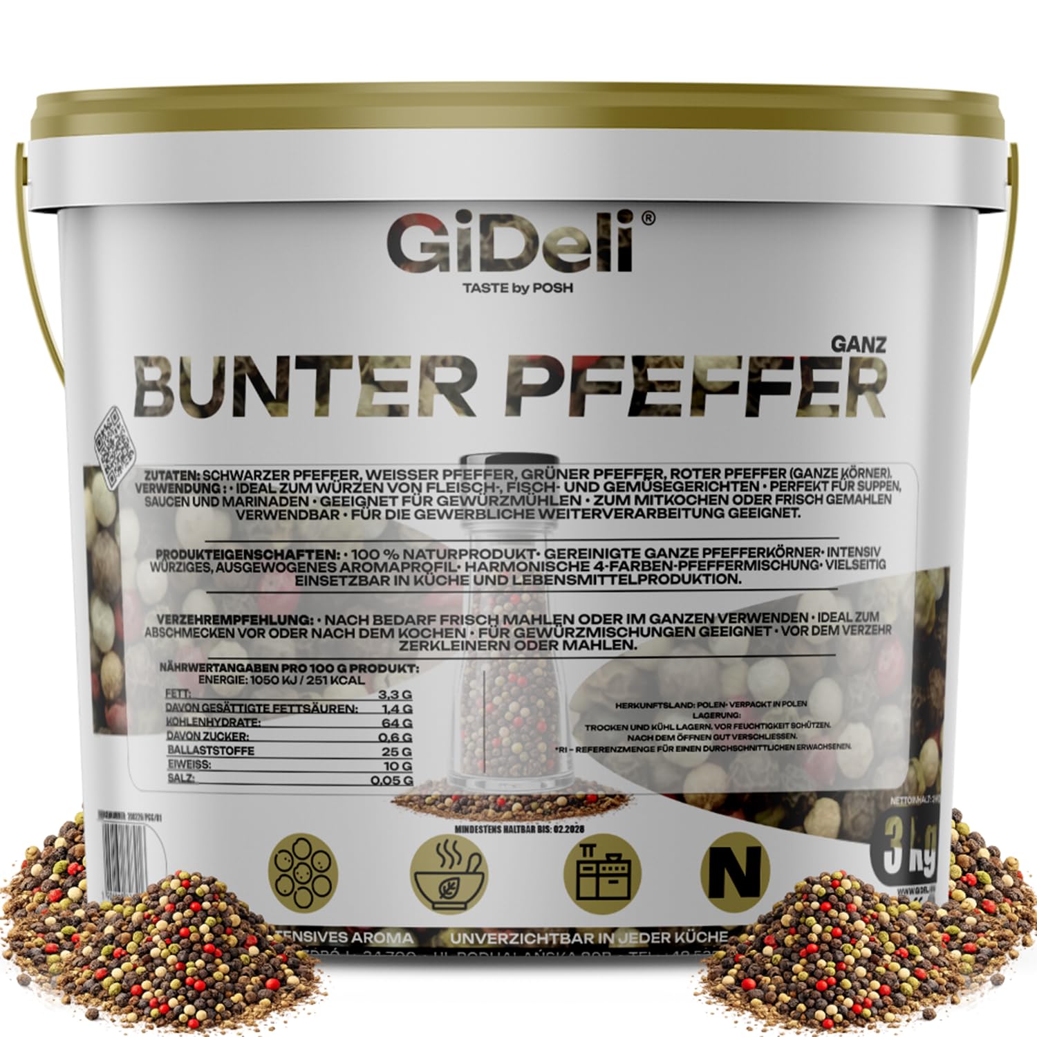 GiDeli Bunter Pfeffer Ganz 3kg im Eimer - Aromatische Schwarze, Weiße, Rote und Grüne Pfefferkörner - Für Pfeffermühle und Mörser - Universell Einsetzbar - 100% Naturrein ohne Zusätze
