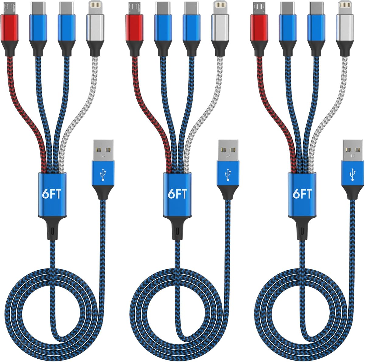 4-in-1 Multi Charging Cable (3-Pack, 6FT) - Dual USB-C, Lightning, Micro | Nylon Braided Phone Charger Cord. Universal USB Cable, Travel & Car Camping Essential for iPhone 17-8, iPad, Samsung, Android