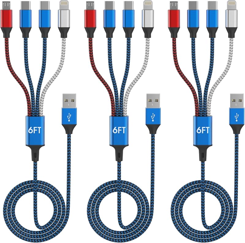 4-in-1 Multi Charging Cable (3-Pack, 6FT) - Dual USB-C, Lightning, Micro | Nylon Braided Phone Charger Cord. Universal USB Cable, Travel & Car Camping Essential for iPhone 17-8, iPad, Samsung, Android
