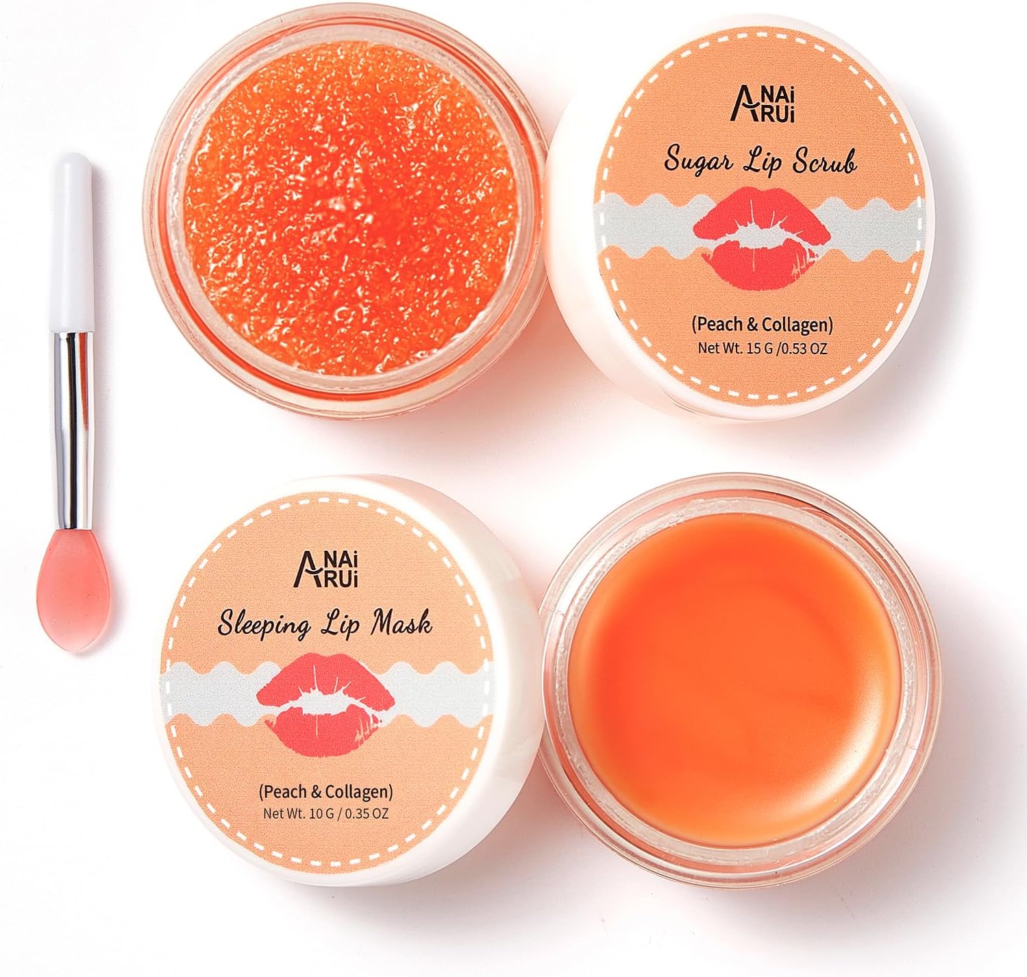 ANAiRUi Lip Mask & Lip Scrub Set, Peach + Collagen Lip Care Kit - Lip Sleeping Mask Moisturizer and Lip Exfoliator Sugar Scrub, Overnight Lip Treatment Repair for Dry Cracked Peel Lips, Lip Lines