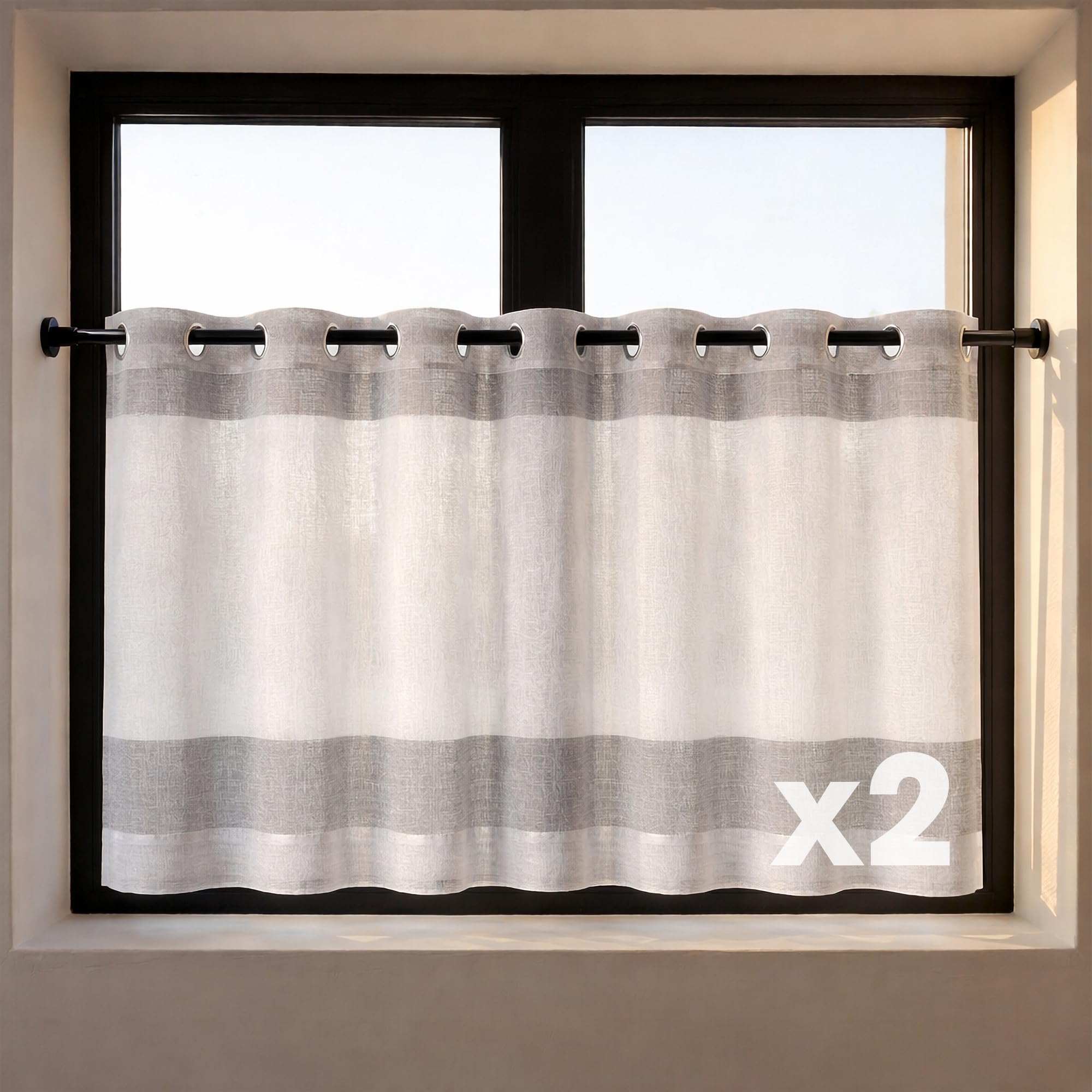 Happy Home 2er-Set Scheibengardine mit Ösen 140x50 cm – Halbtransparenter Vorhang Leinenoptik Grau Weiß – Moderne Bistrogardine für Küche & Bad – Küchengardine Kurz & Waschbar