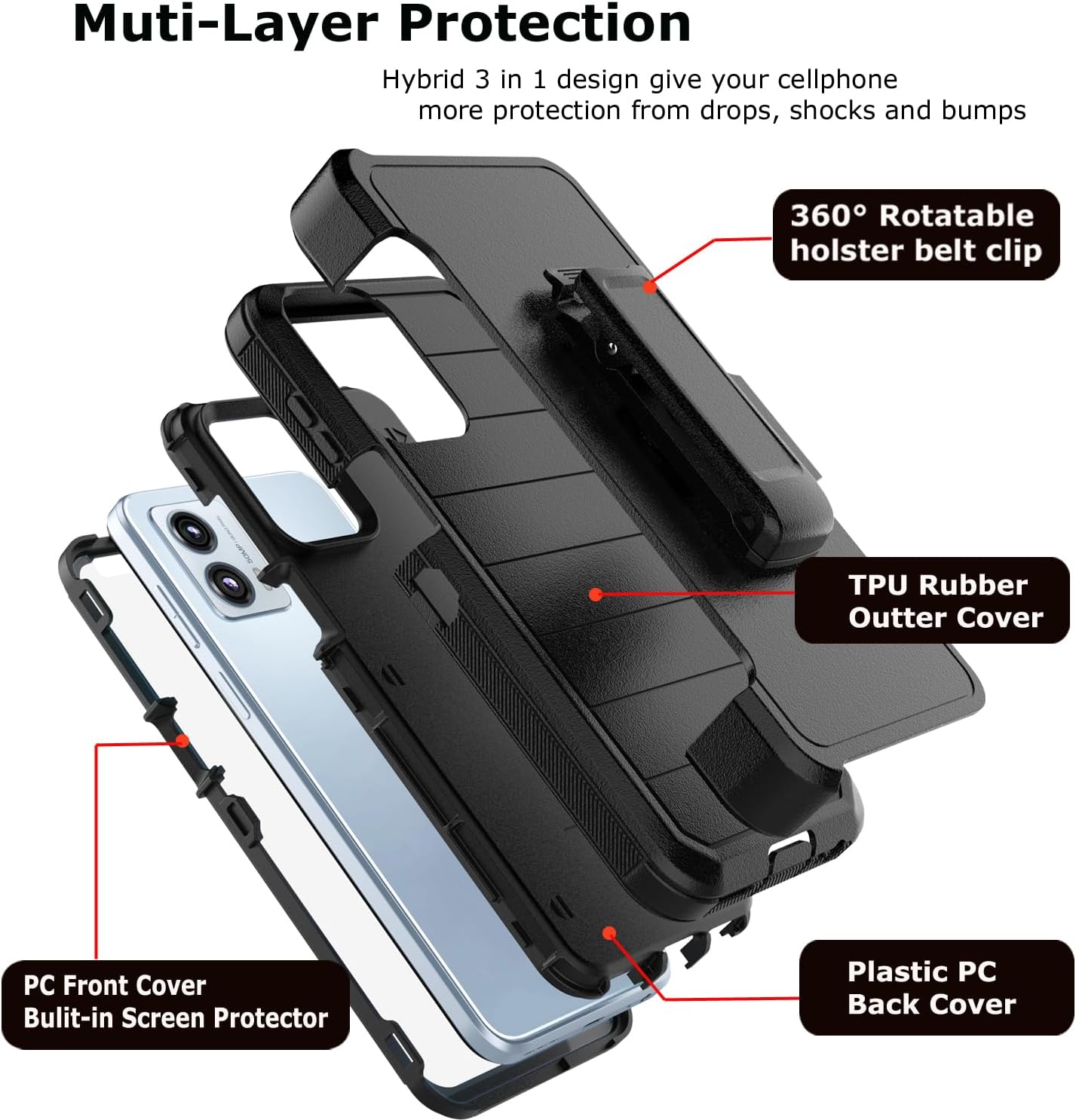 Takfox Moto G 5G 2023 Case, for Motorola G 2023 5G Belt Clip Holster Phone Case [Built-in Screen Protector] Kickstand Protective Rugged Heavy Duty Shockproof Dustproof Cover-Black/Black - Image 2