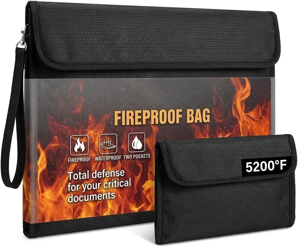 SUREMAX Fireproof Document Bag Set of 2, 15x11 in & 7.5x4 in Fire Proof Bag for Documents, Water-Resistant Fireproof Money Bag for Cash, Important Document Folder with Smooth Zipper & Wrist Strap