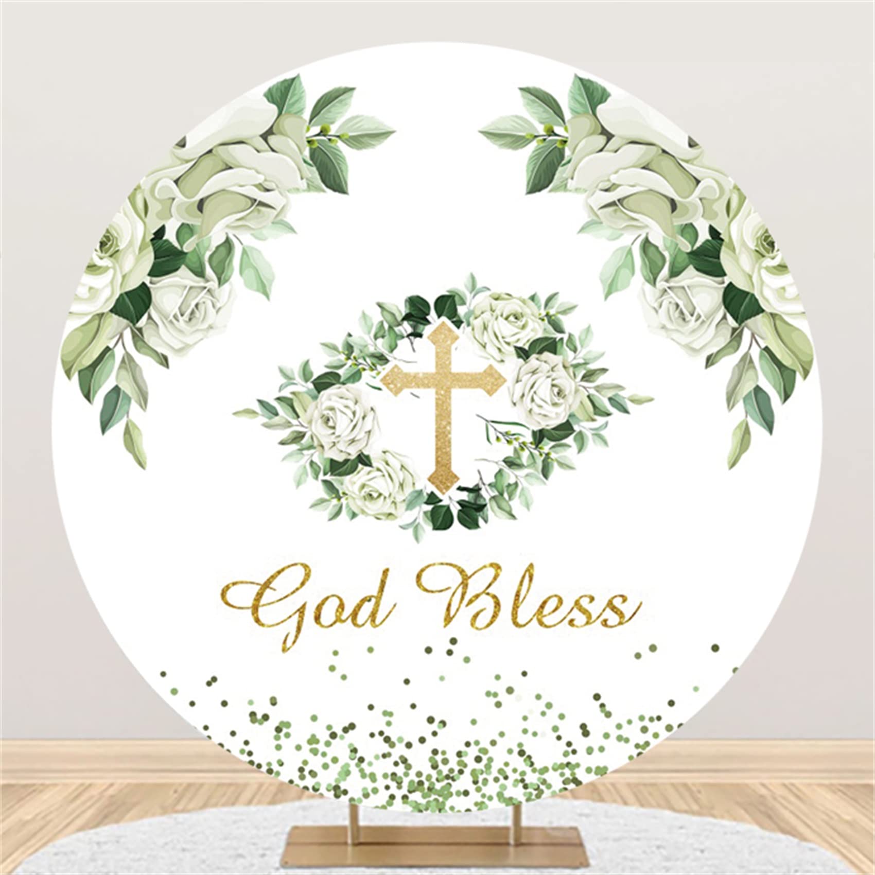 God Bless Round Backdrop 7.2x7.2ft Polyester First Communion Baptism Circle Backdrop Green Leaves Photography Background for Newborn Baby Kids Baby