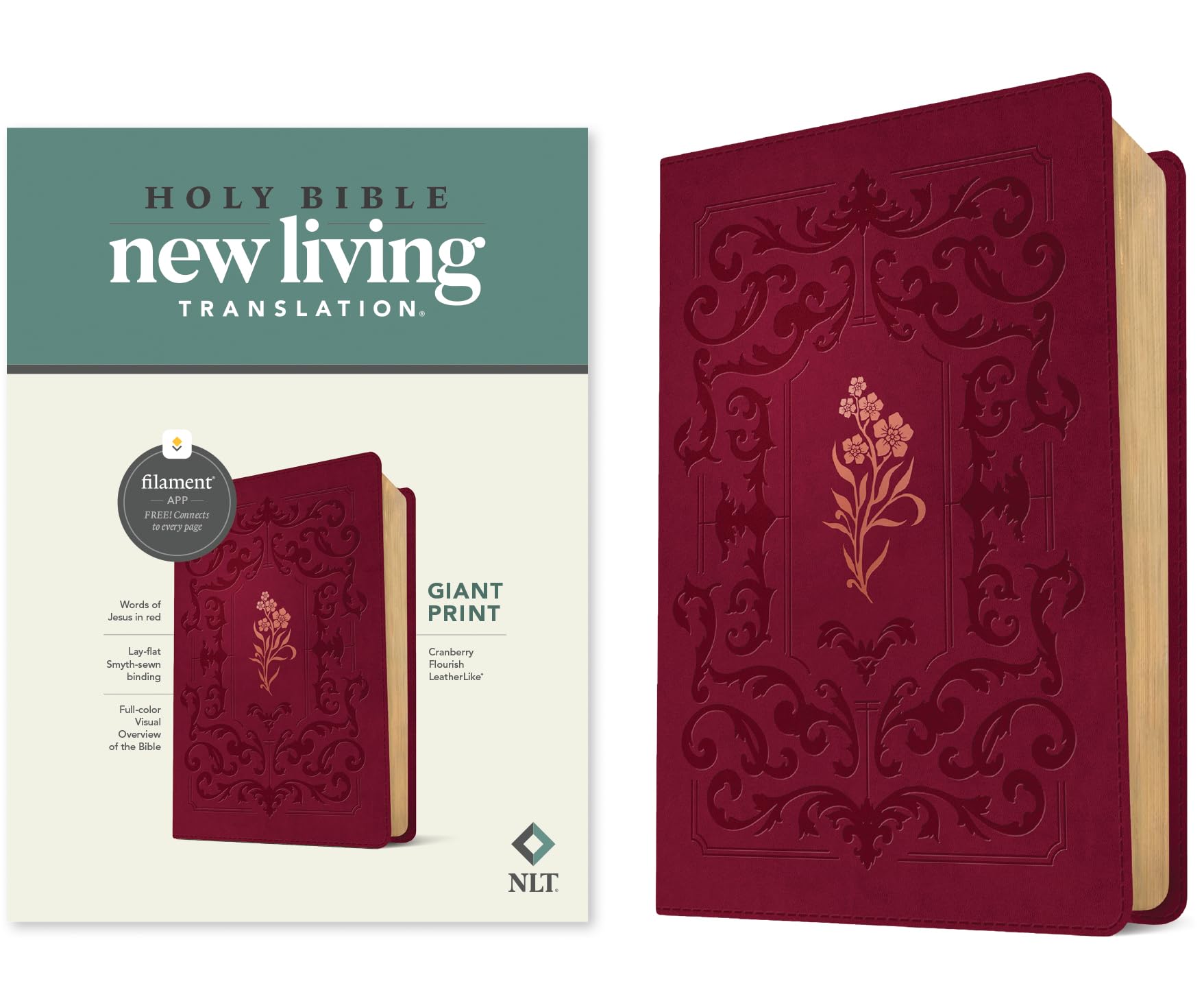 Holy Bible: Nlt Bible, Filament-enabled Edition Leatherlike, Cranberry Flourish, Red Letter: New Living Translation, Cranberry Flourish, Leatherlike, Filament-Enabled Edition, Red Letter