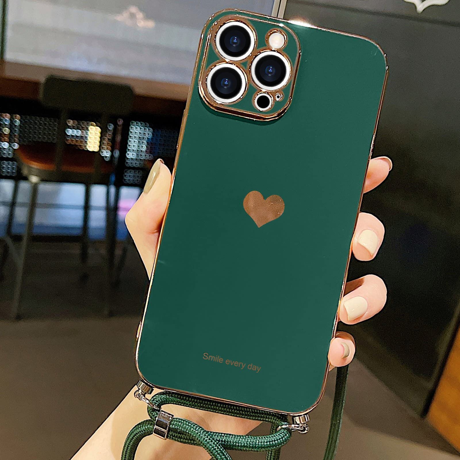 Custodia IPhone 15 Con Cordino - Cover Silicone Regolabile, Protezione Fotocamera, Design Cuore, Verde Scuro - Foto 7