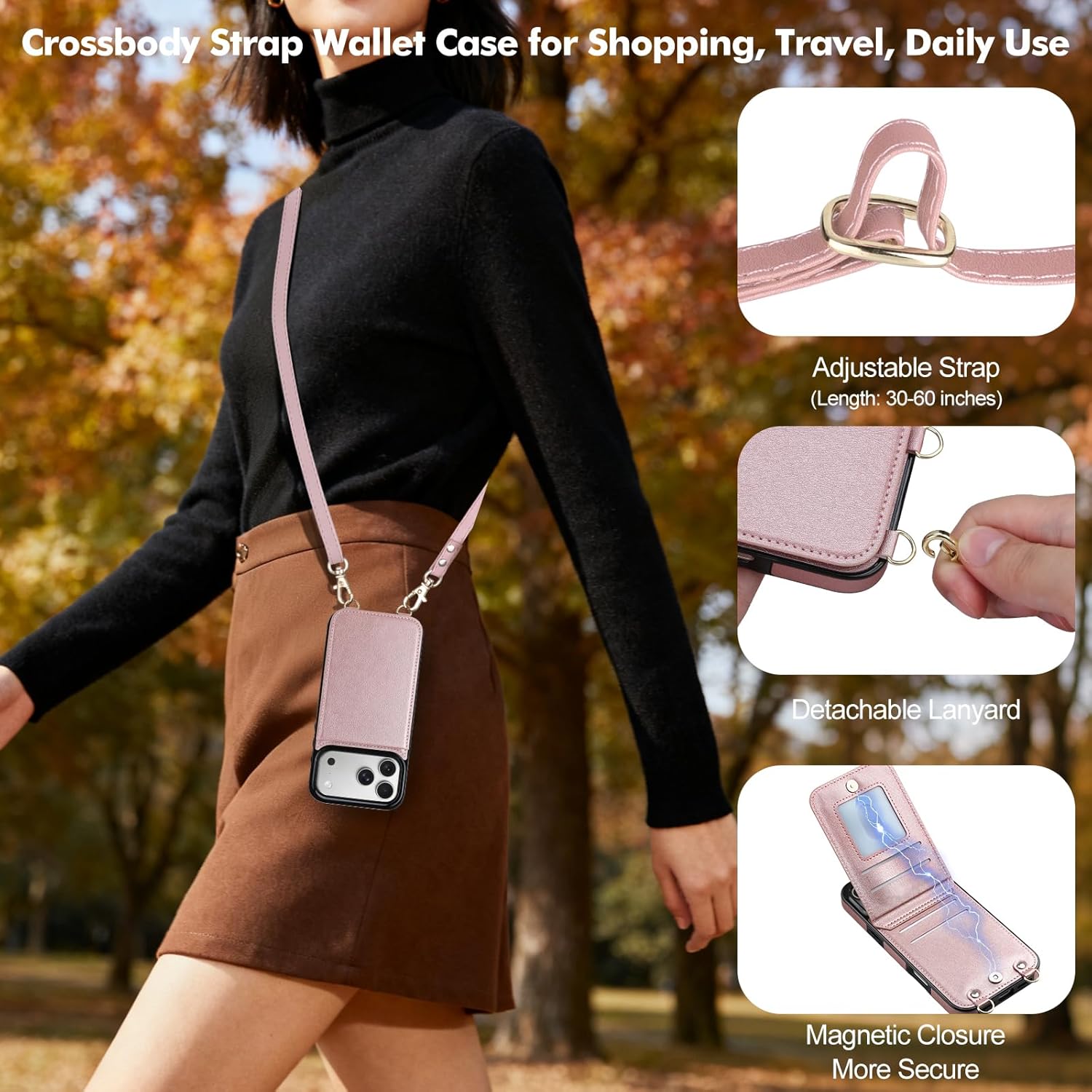 Vofolen for iPhone 17 Pro Wallet Case with Card Holder Crossbody Adjustable Strap Magnetic Clasp Heavy Duty Protective Leather Flip Phone Cover for iPhone 17Pro for Women, Rose Gold - Image 2