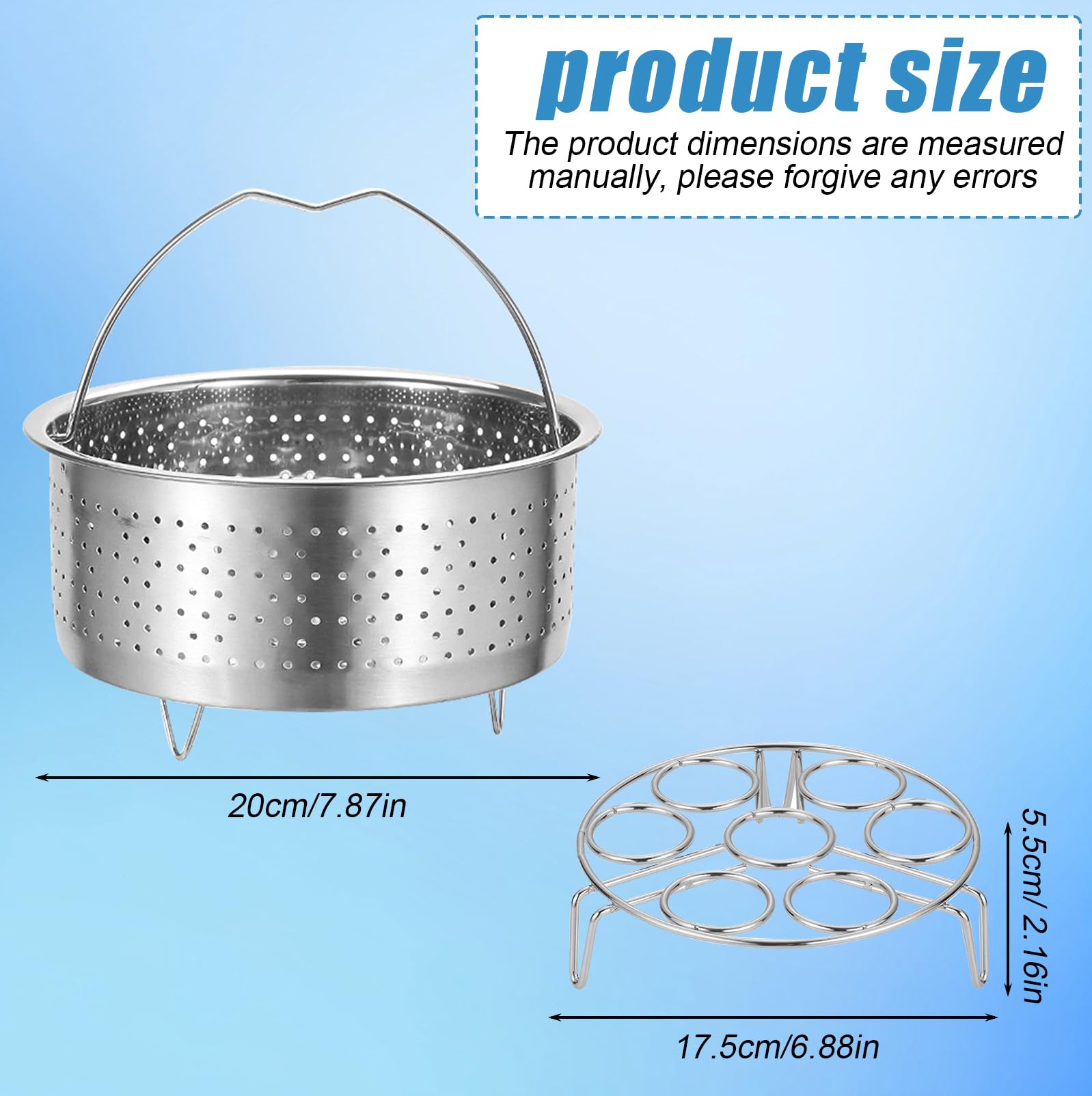 HOMURY Juego de 2 piezas para vaporera de acero inoxidable, diámetro de 20 cm, rejilla de vapor para huevos, diámetro de 17,5 cm, cesta de vapor con asa, para ollas, ollas a presión