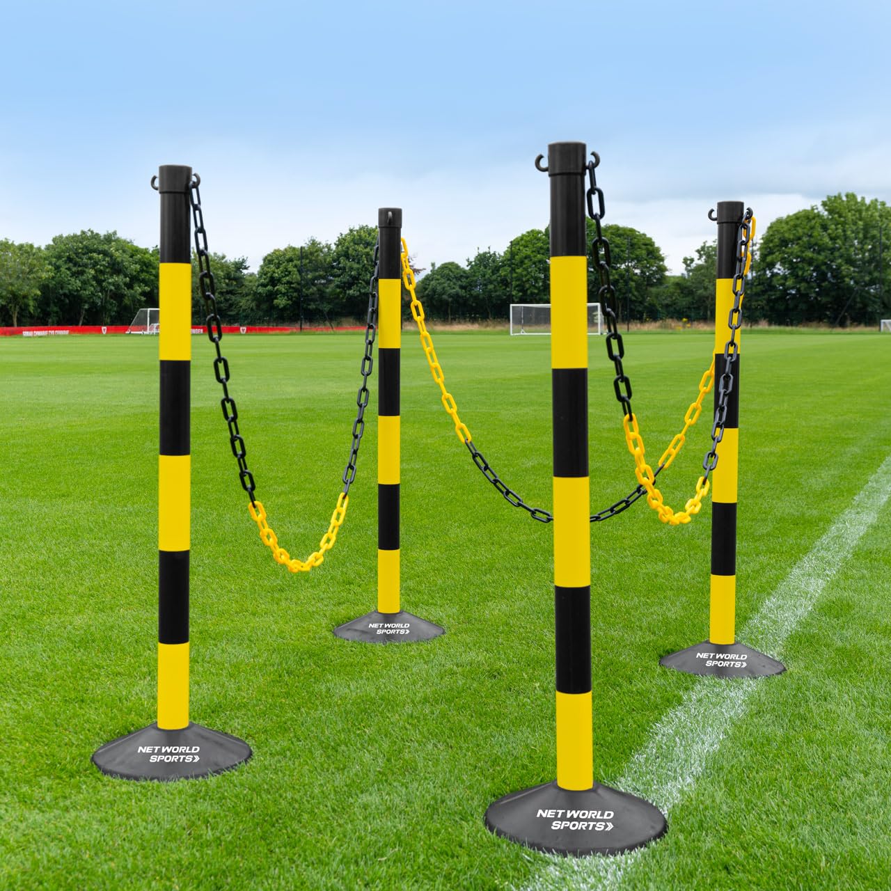 FORZA Freestanding Plastic Post & Chain Barrier Set | Heavy-Duty Crowd Safety System with Weighted Base – 6mm or 8mm Chain with Multiple Colors (White Posts & Green Chains, 0.2in Chain)