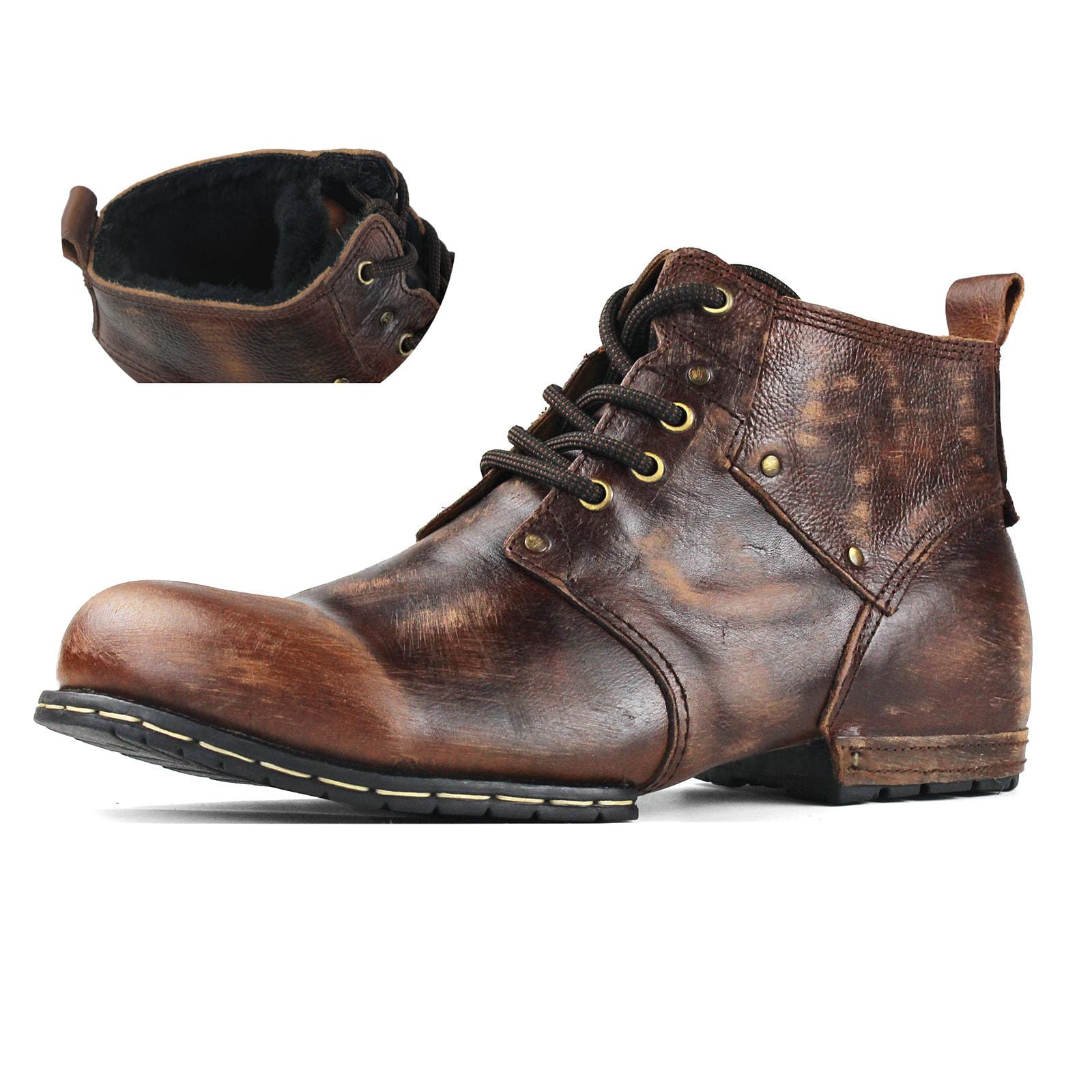 OSSTONE Moto Boots for Men Fashion lace-up Leather Chukka Boots Casual Shoes OS-6015-2-retro-brown-US-R