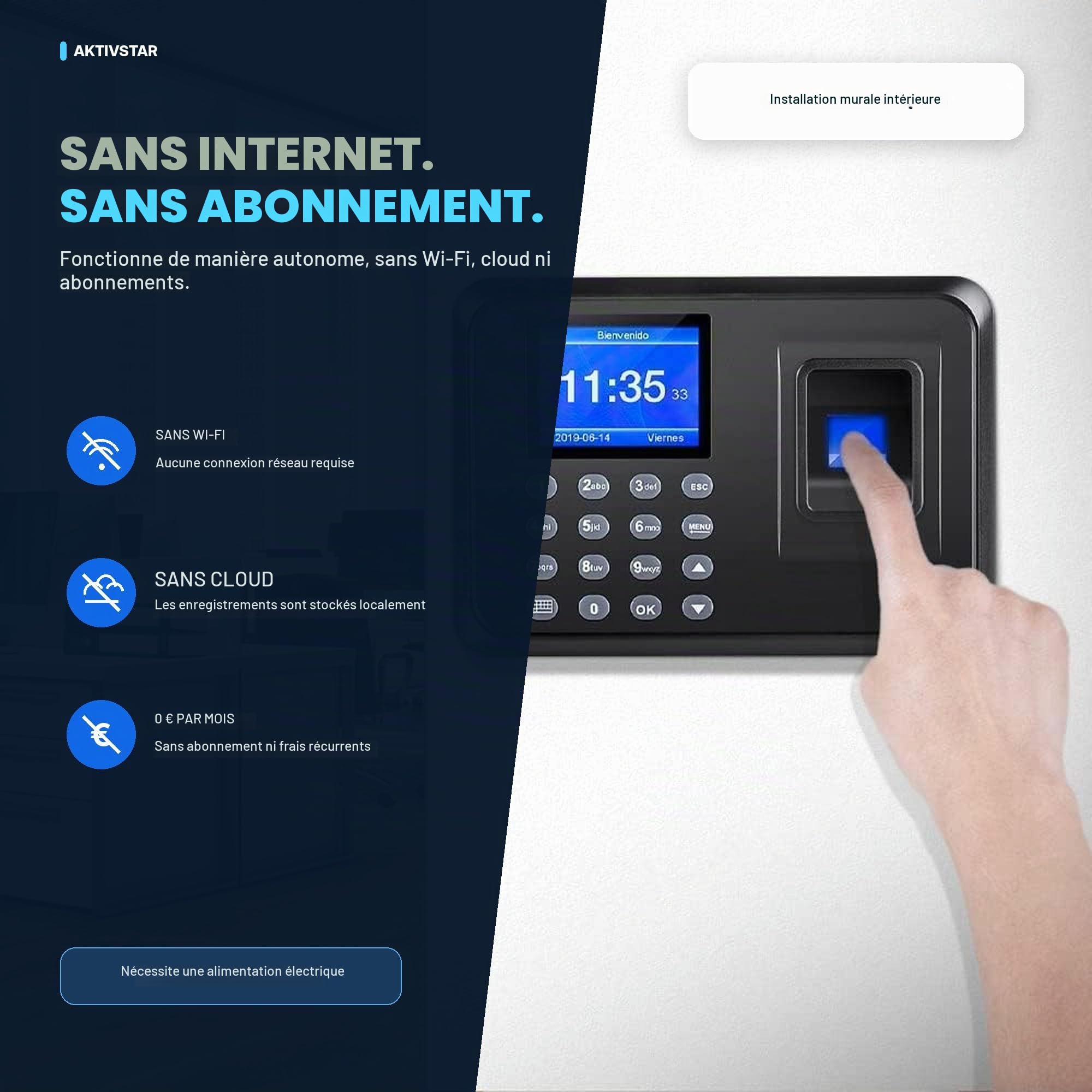 Aktivstar Contrôle horaire des employés, machine à signer avec écran LCD, clé USB de 8 Go, machine d'assistance biométrique, horloge de signature RFID, empreinte et code PIN comprend 12 cartes pour