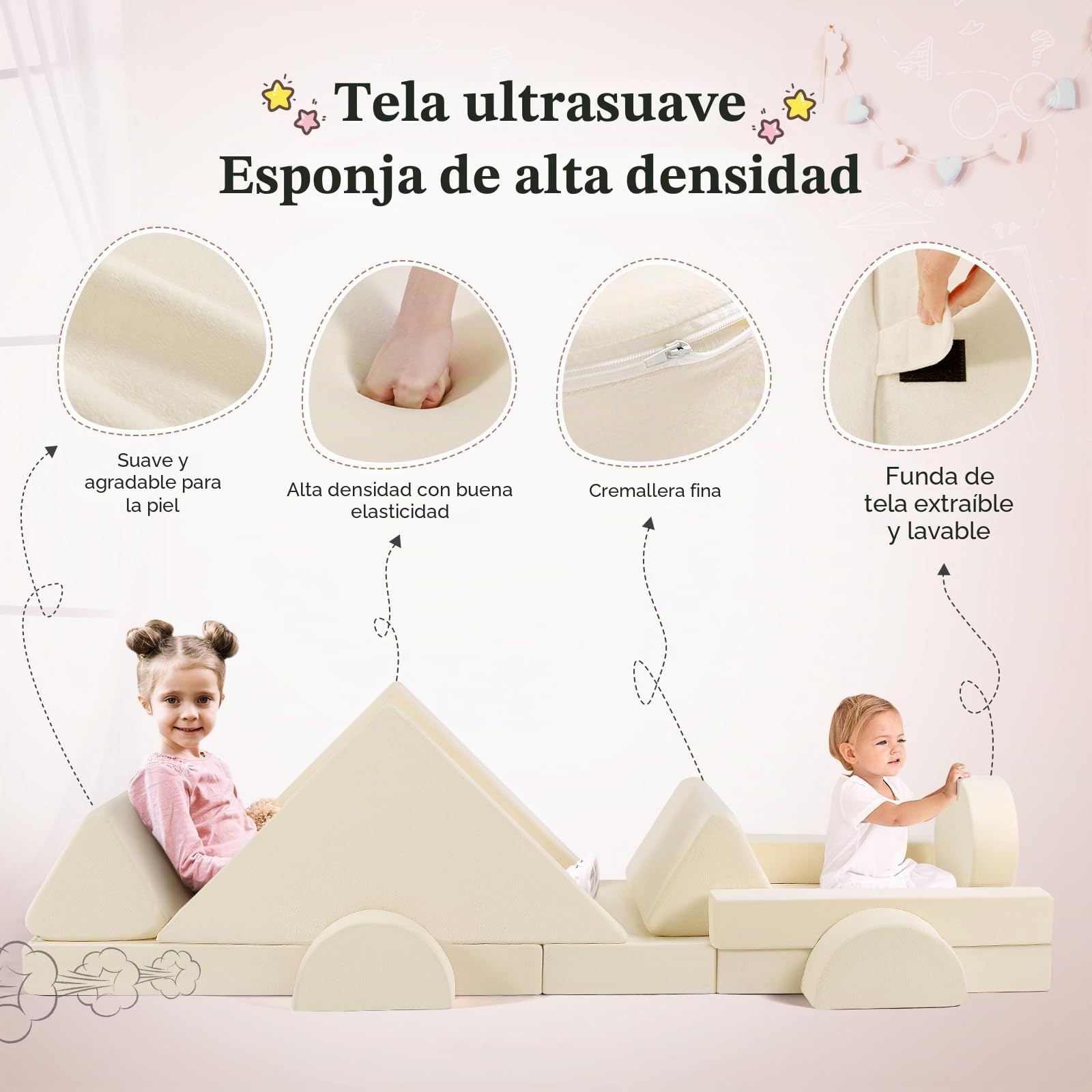 Sofá para niños CUPCHID, sofá modular de juego, sofá para niños, muebles para dormitorio y sala de juegos para niños pequeños, espuma convertible (Set de 14 - Beige)