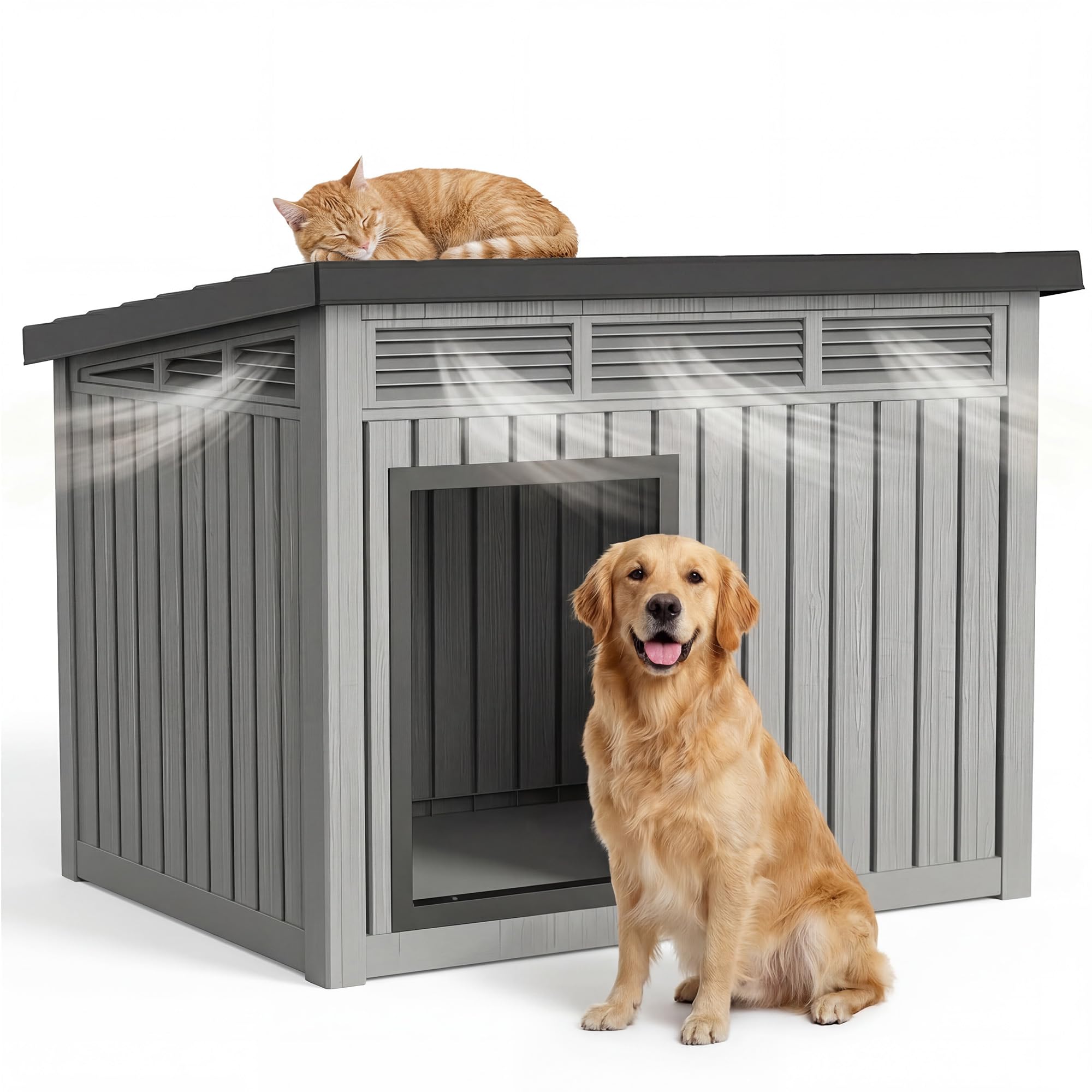 DRATO Large Dog House, Weatherproof Resin Large Dog House Outdoor with Sloped Roof &amp; Ventilation, Indoor Outdoor Dog House for Samll to Large Dogs, Easy Assemble, (Classic Grey, 42.87*32.95*31.61)