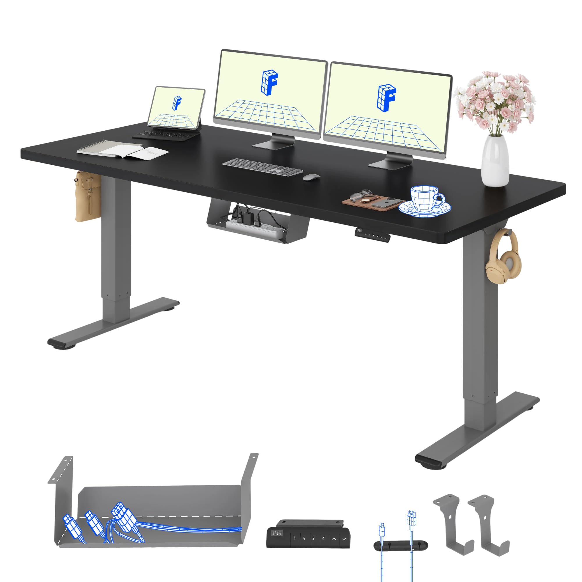 FLEXISPOT Scrivania Regolabile in Altezza 180x80 cm, 2 Motori, Piano Unico 25 mm, Memoria & Display Altezza, Ergonomica con Gestione Cavi, Ripiano Sottoscrivania, Ganci e Clip Fermacavi