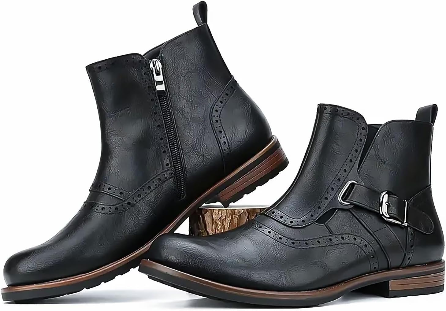 Men's Oxford Boots - Buckle Strap Side-Zip