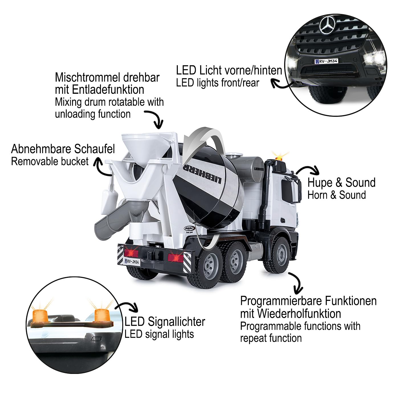 JAMARA Frullatore Mercedes Benz Arocs Liebherr 1:20 2,4 GHz – licenza ufficiale, allarme retromarcia, 4 ruote motrici, pneumatici profilati, luce LED, tamburo di miscelazione girevole con funzione di
