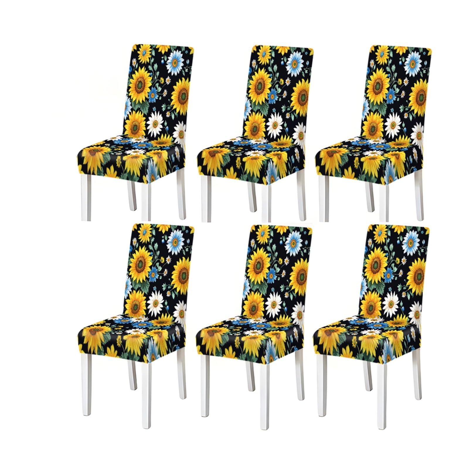 BOSUYBN Black Sunflower Daisy Floral Print Dining Chair Covers, Stretch Slipcovers For Home Kitchen Dining Room Party, 2/4/6PCS Furniture Protectors for Home Dining Room(6PCSChair cover)