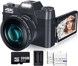 VJIANGER Digital Camera for Photography and Video 4K 48MP Vlogging Camera for YouTube with 180° Flip Screen,16X Digital Zoom,52mm Wide Angle & Macro Lens, 32GB TF Card, 2 Batteries (W01-Black)