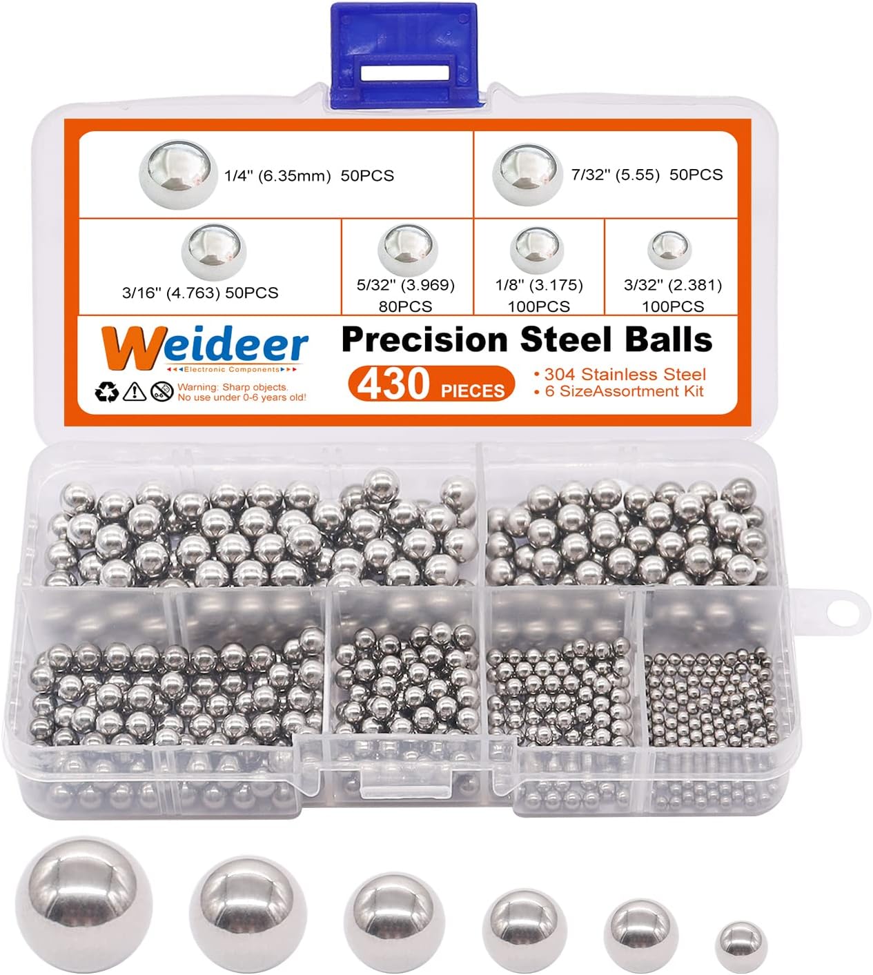 weideer 430pcs Stainless Steel Precision Steel Balls Bicycle Bearing Balls Metal Mixing Balls Assortment Kit 1/4" 7/32" 3/16" 5/32" 1/8" 3/32" K-086-430
