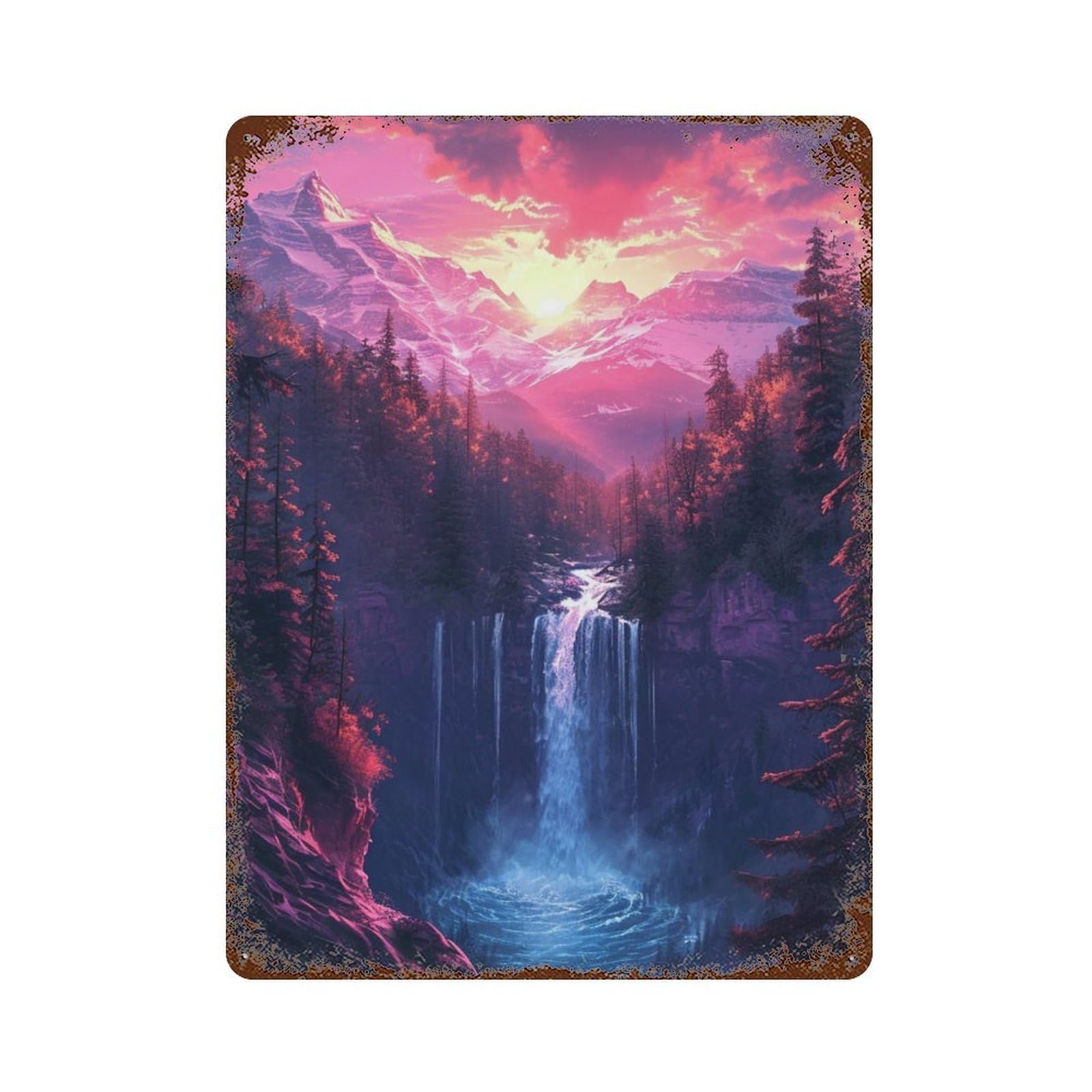 Enchanted Waterfall Sunset 15.7"x11.8" Distressed Metal Wall Sign, Shabby Chic Decor for Shed, Workshop And Garage Wall Decor