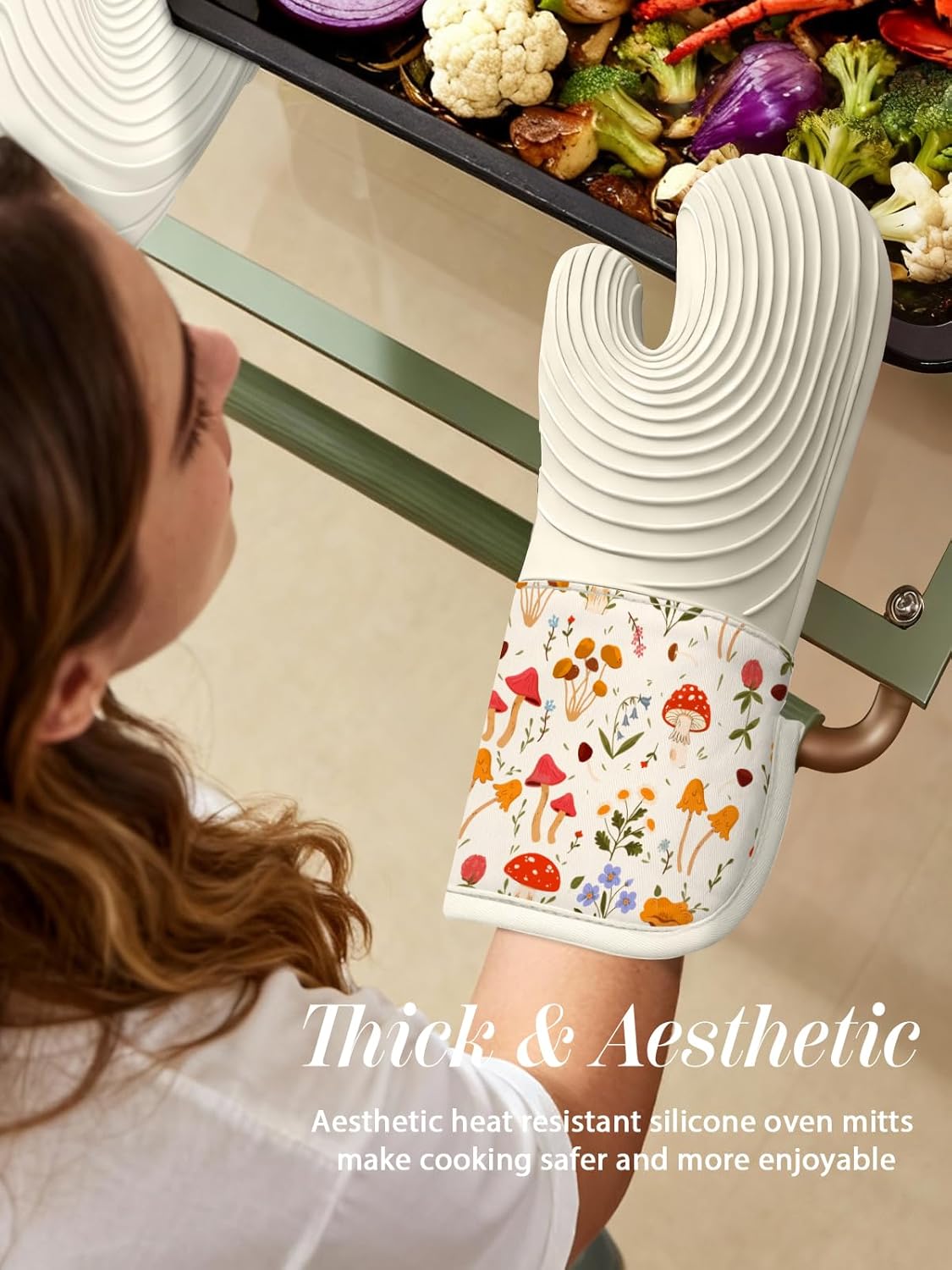 Slohif Long Silicone Oven Mitts Heat Resistant for Women - 2 Pcs Mushroom 100% Cotton Oven Gloves, Non-Slip and Waterproof Silicone Oven Mitts with Hanger for Baking and Cooking - Image 5