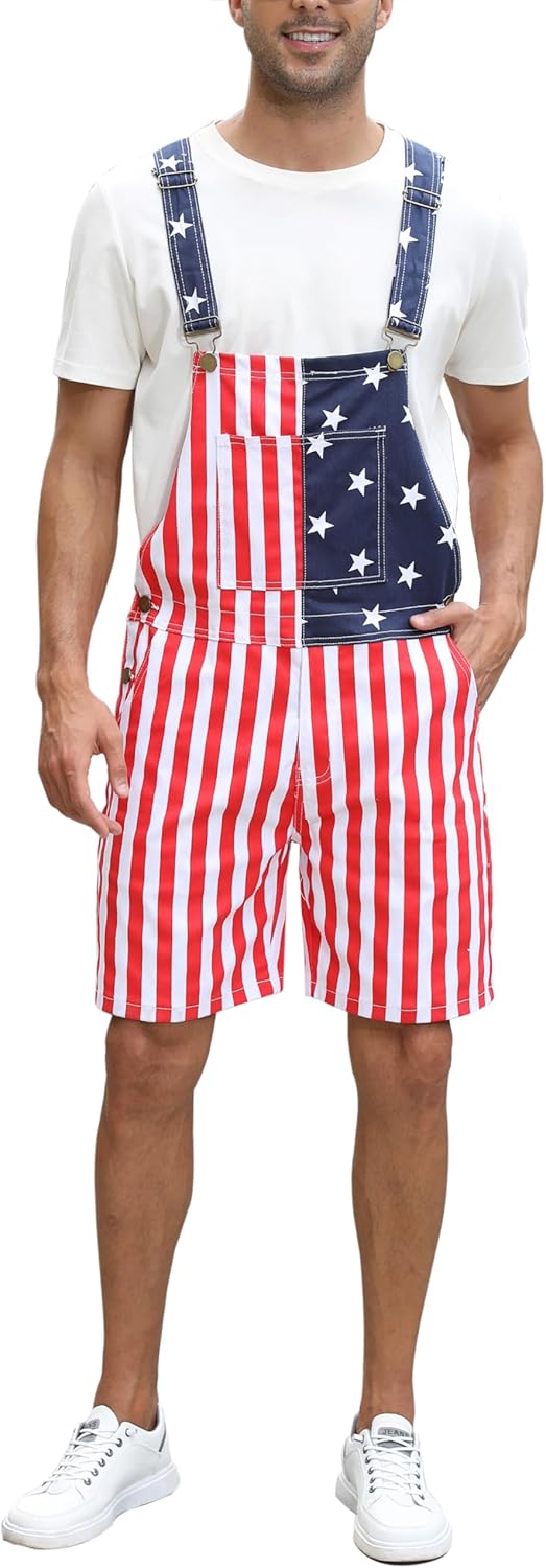 Mens American Flag Overalls Denim Bib Shorts Romper Adjustable Strap with Pockets - Image 2