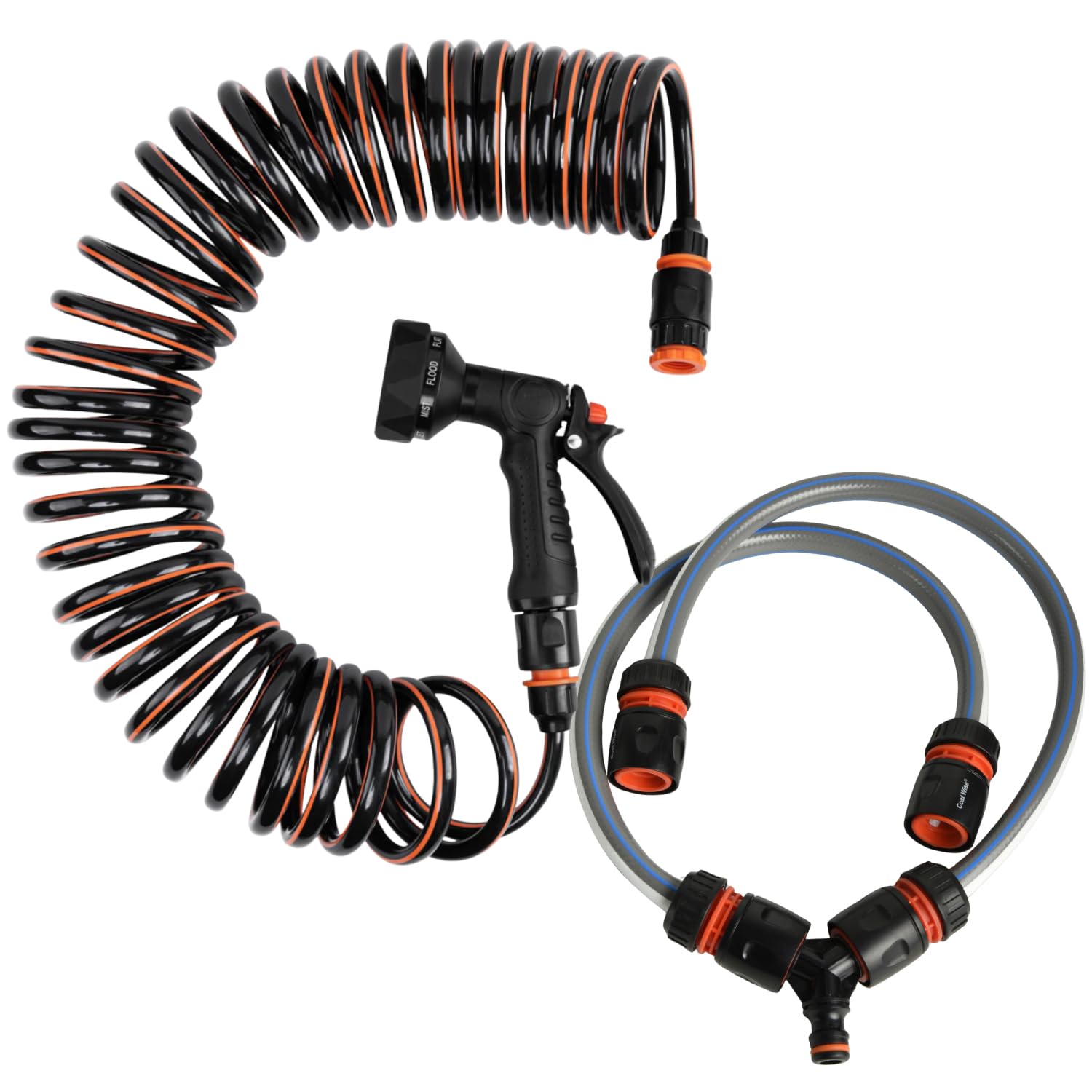 10m Spiral Dog Shower Hose Set with Multi-Function 9-Pattern Spray Gun & Hot/Cold Water 3-Way Splitter