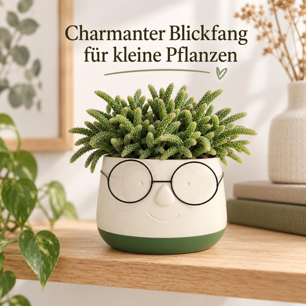 NaDeco Blumentopf mit Gesicht und Brille Grün, Ø 13,5 cm, Höhe 10,5 cm