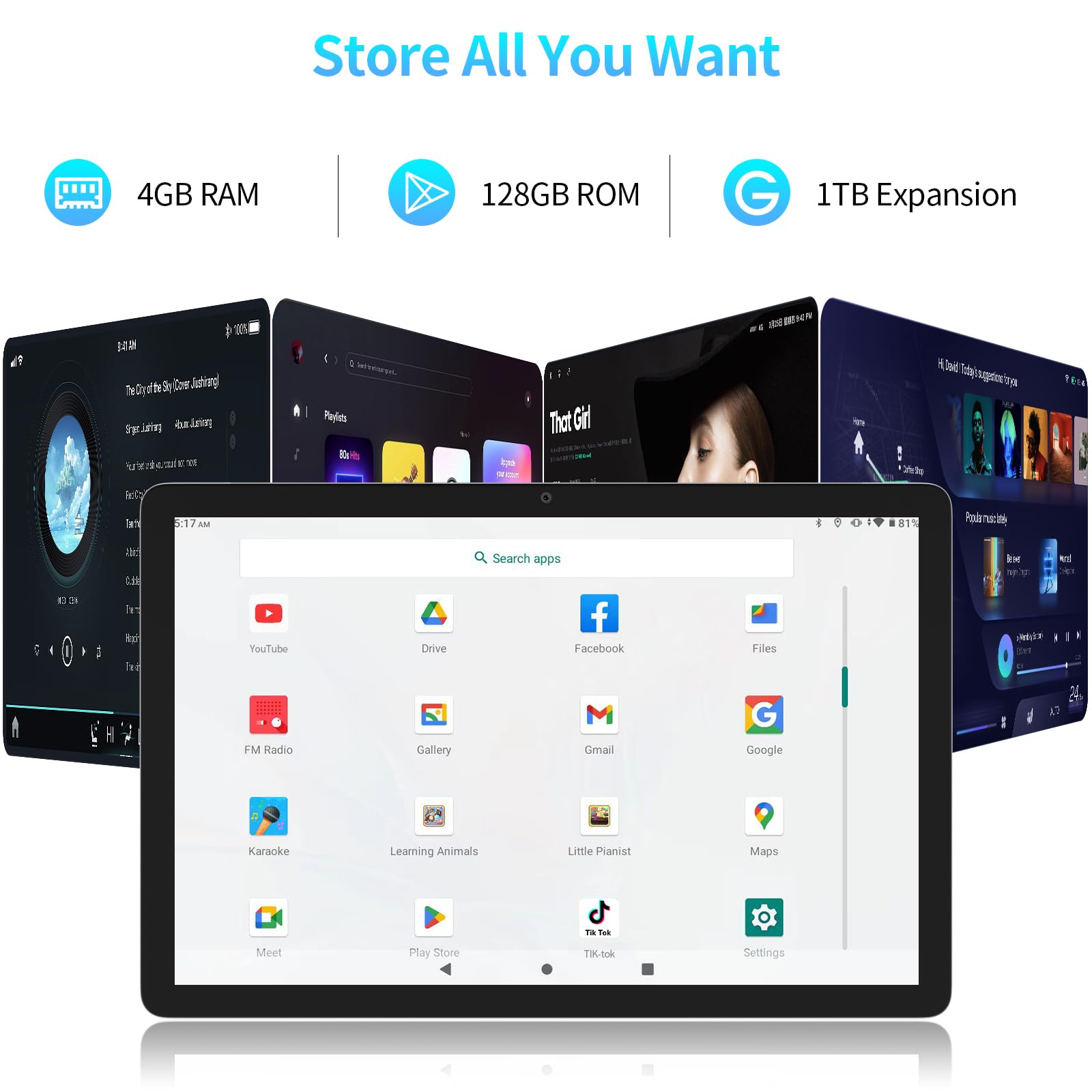 VASOUN Tablet, Android Tablet 10 Zoll,128GB ROM 1TB Expandable,T606 Octa Core Tablet,4G Anruf/ 5GWIFI,8000mah Batterie,5MP+13MP Dual Kamera,18W Schnellladung,Grau