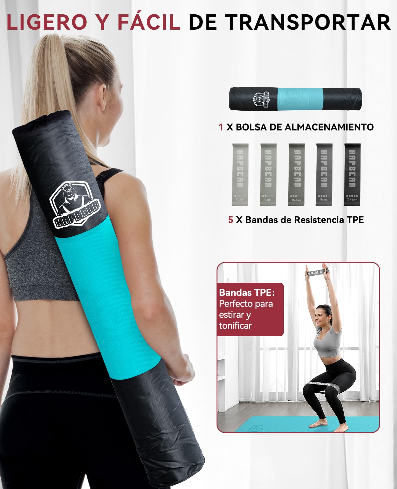 HAPBEAR Esterilla Yoga Grande - 183 cm x 91 cm x 6 mm, Esterilla de Ejercicio Antideslizante Extra Ancha para Entrenamiento en Casa, Incluye Bandas de Resistencia Extra y Bolsa de Transporte