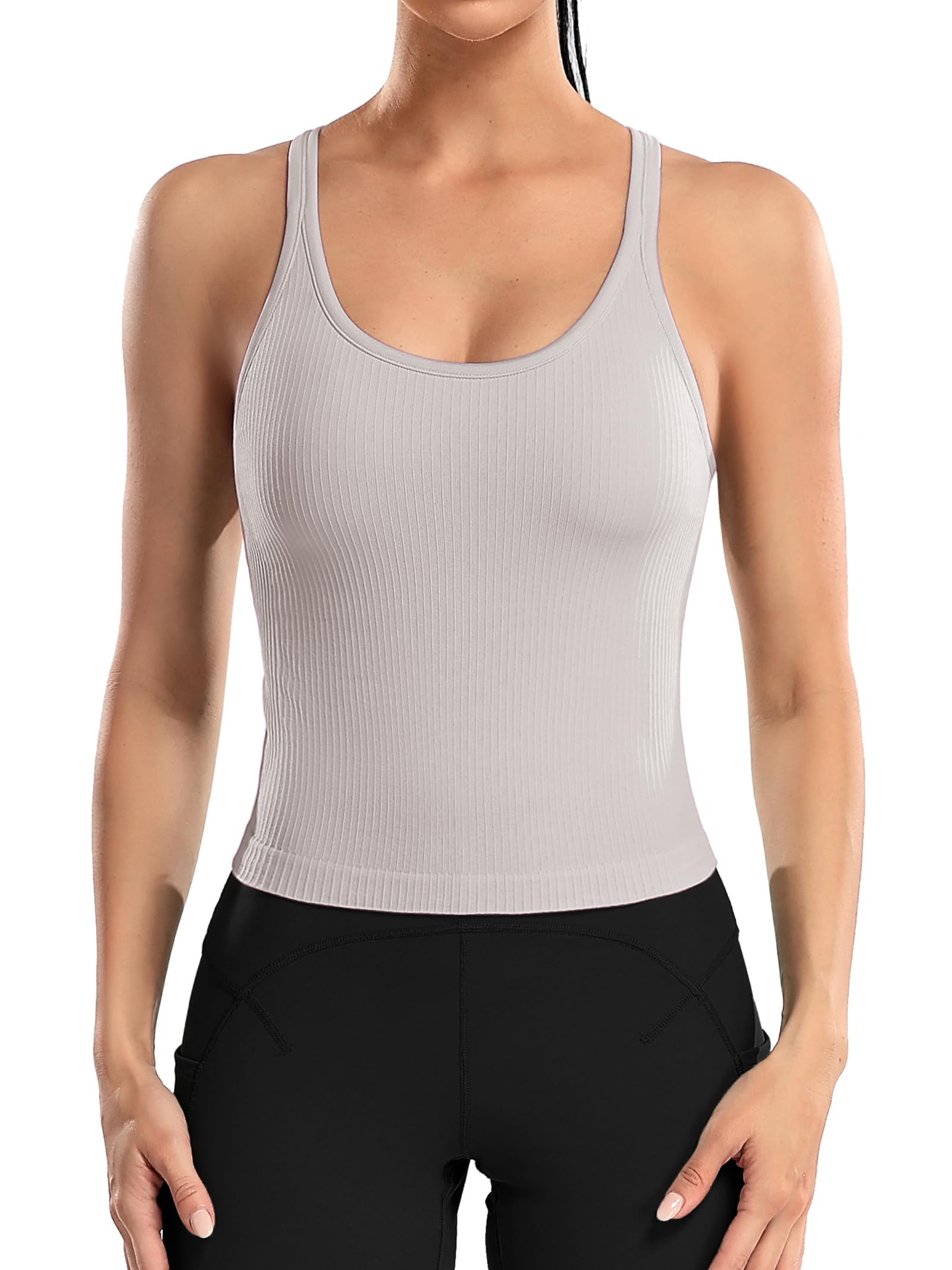 ATTRACO Women Ribbed Workout Crop Tops with Built in Bra Yoga Racerback Tank Top Tight Fit