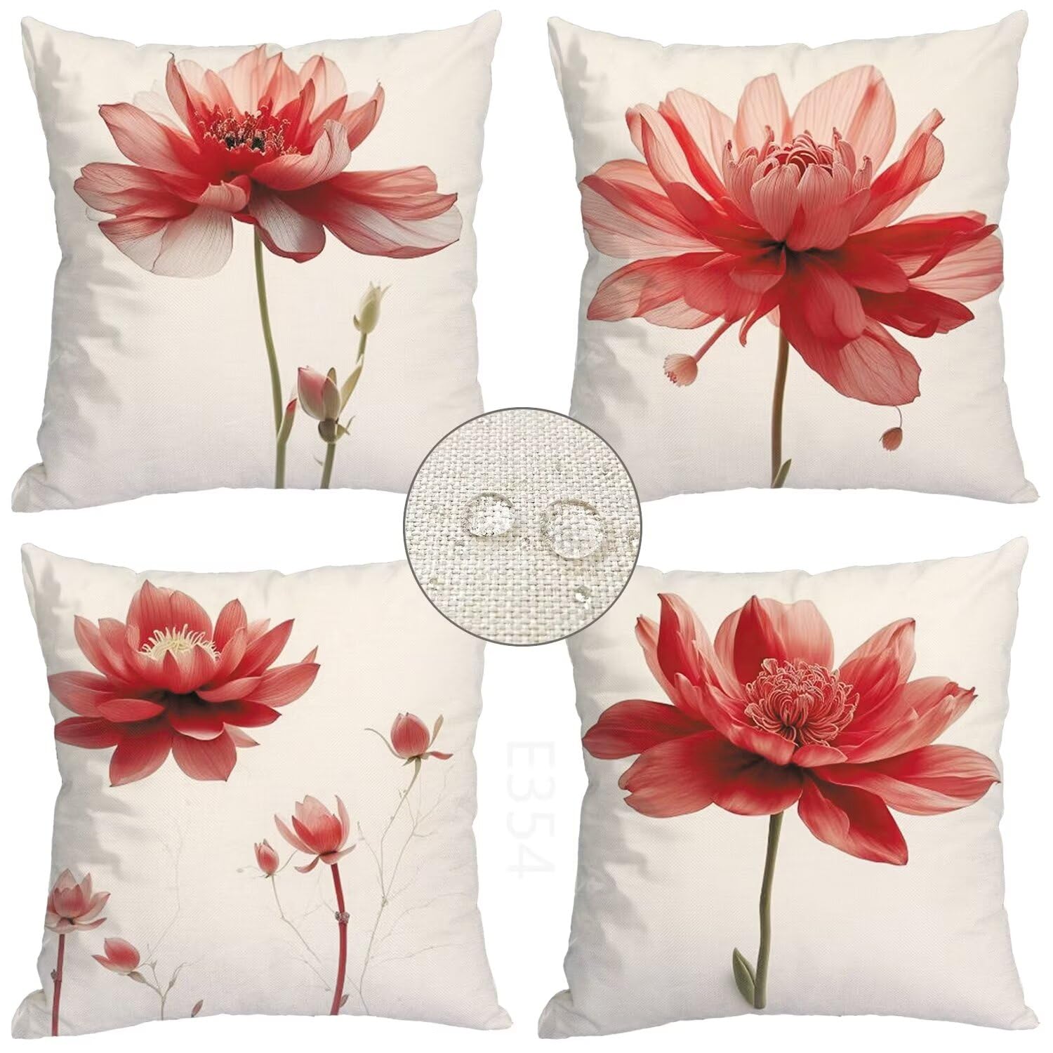 Set di 4 Cuscini per Divano in Lino,Quadrato Doppio Lato Rosso Federe Cuscini Divano,45x45cm Esterno Impermeabile Cuscino,per Moderno Patio Esterno Giardino Soggiorno Decorazioni (Papavero) LY-354